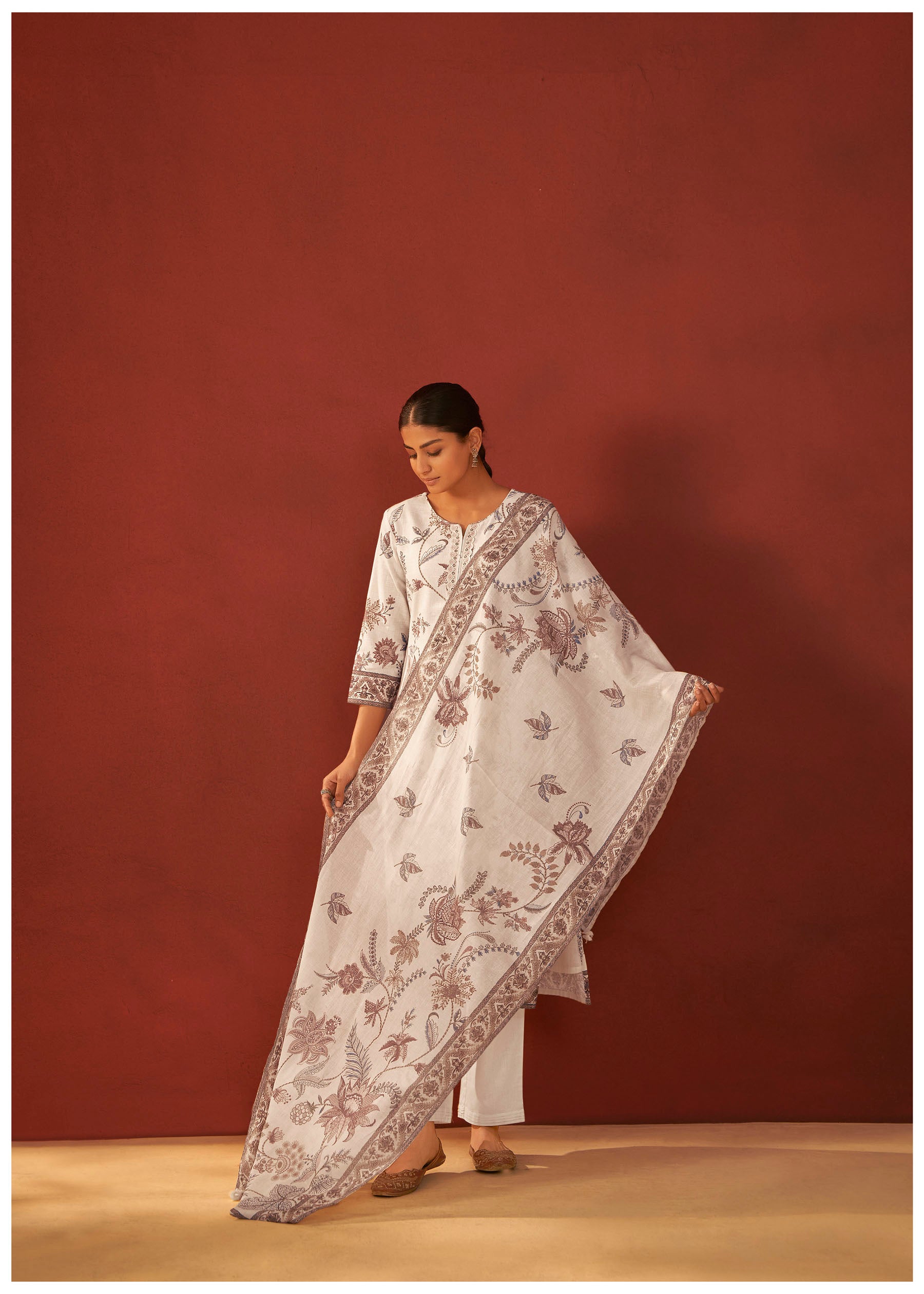 Avenza Cream Printed Linen Kurta Set