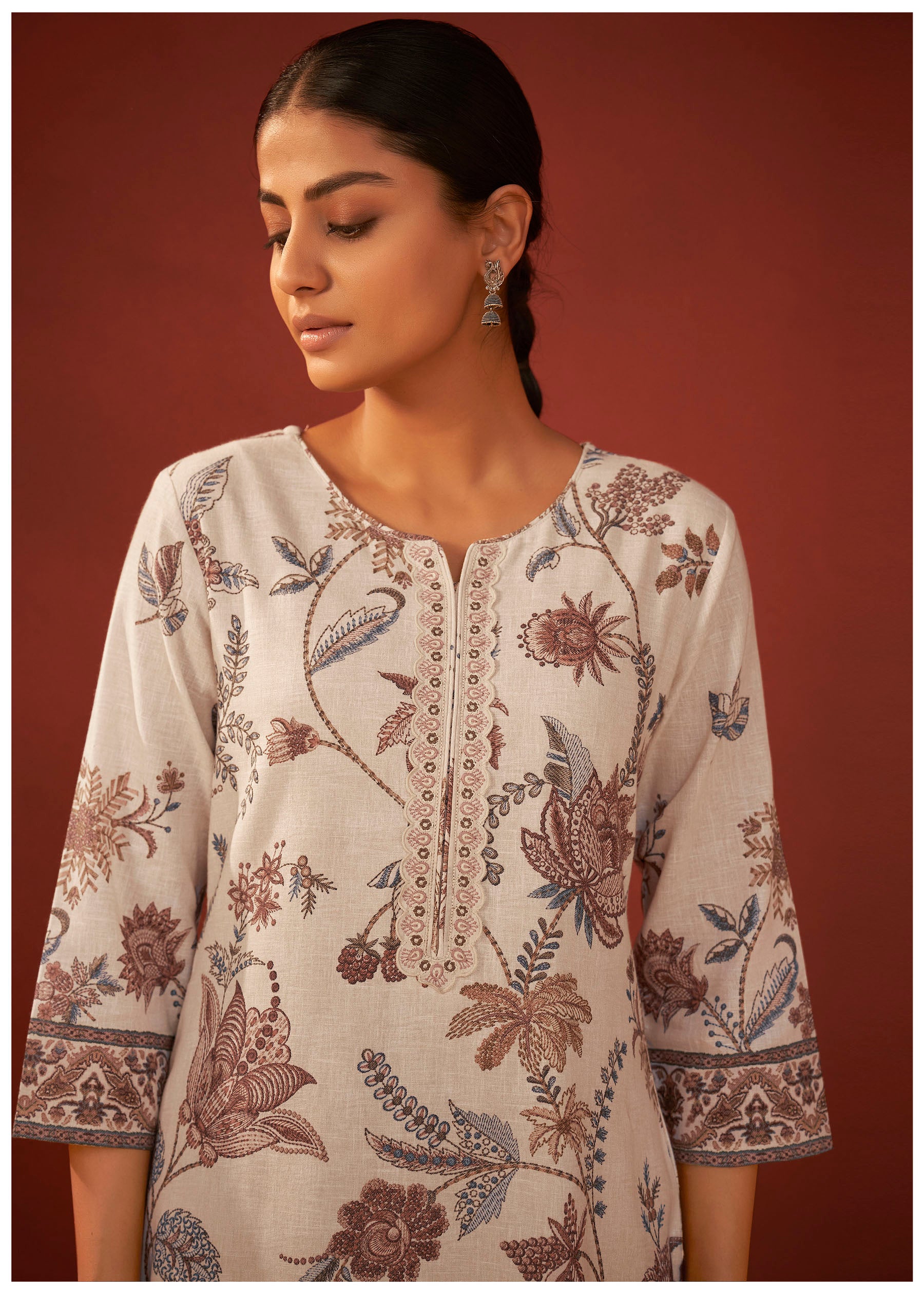 Avenza Cream Printed Linen Kurta Set