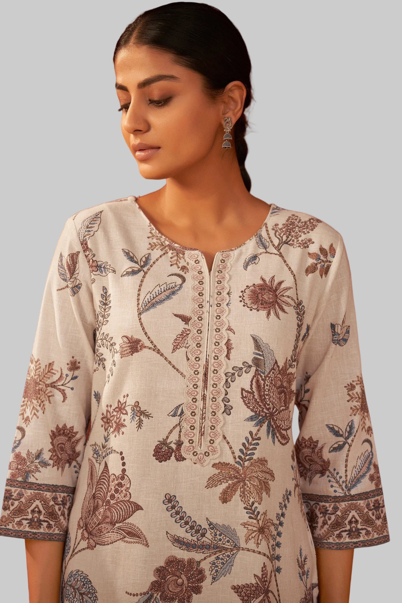 Avenza Cream Printed Linen Kurta Set