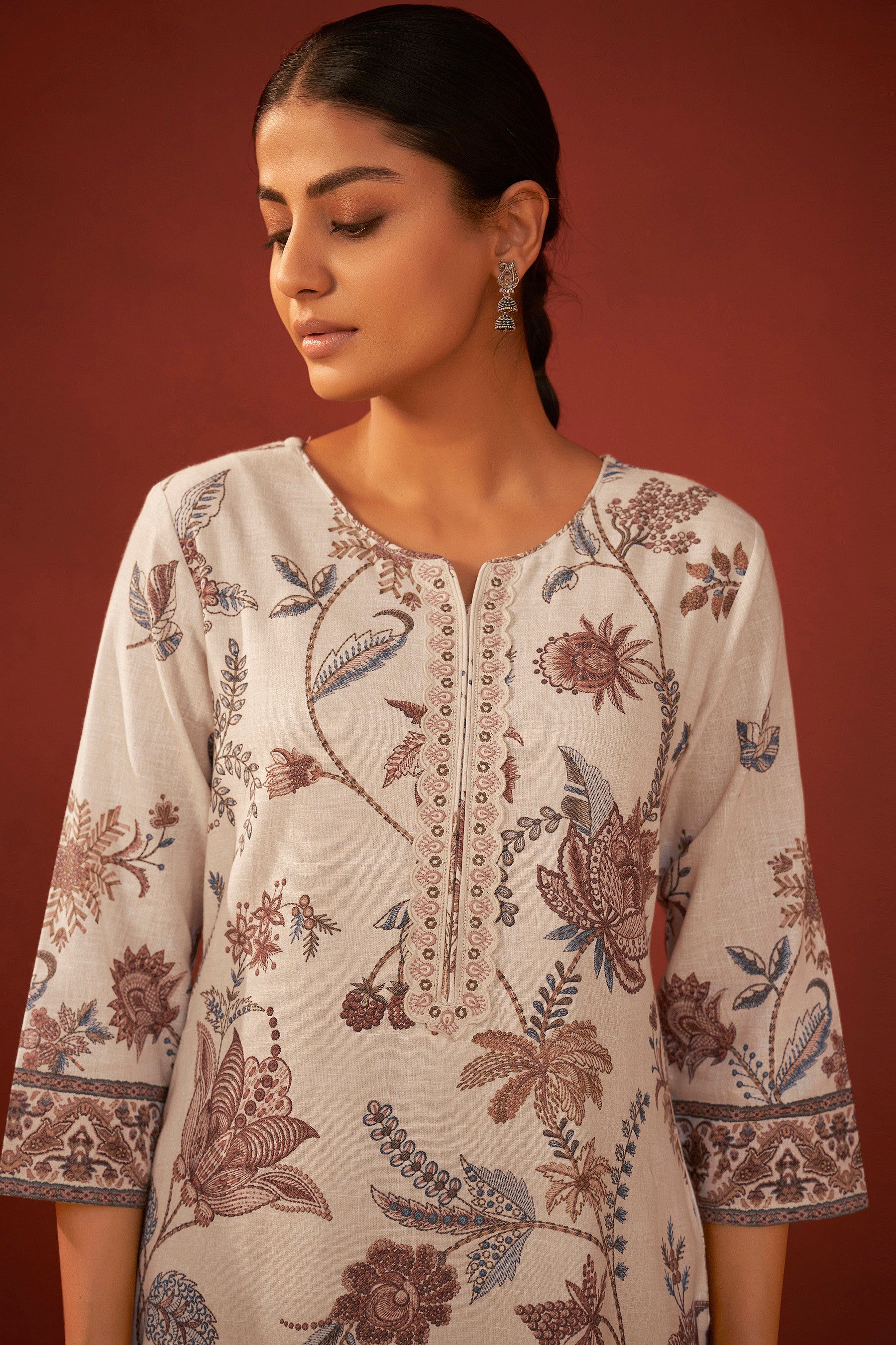 Avenza Cream Printed Linen Kurta Set