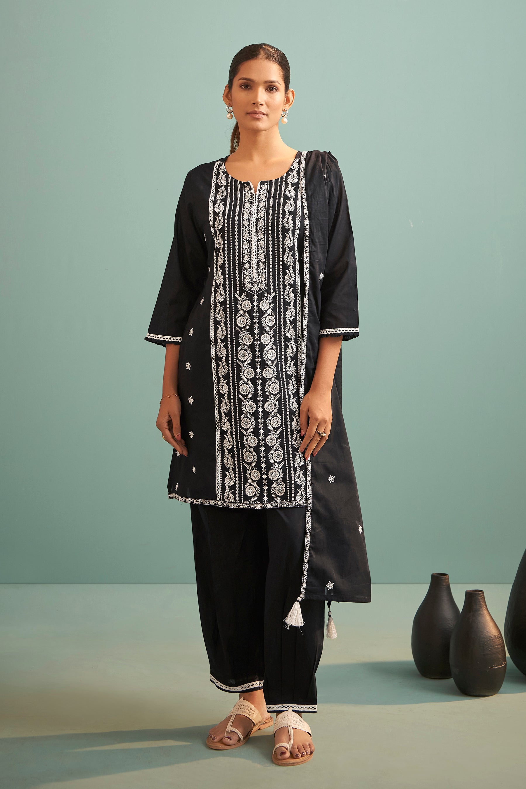 Zyrah Black Chikankari Embroidered Cotton Kurta Set