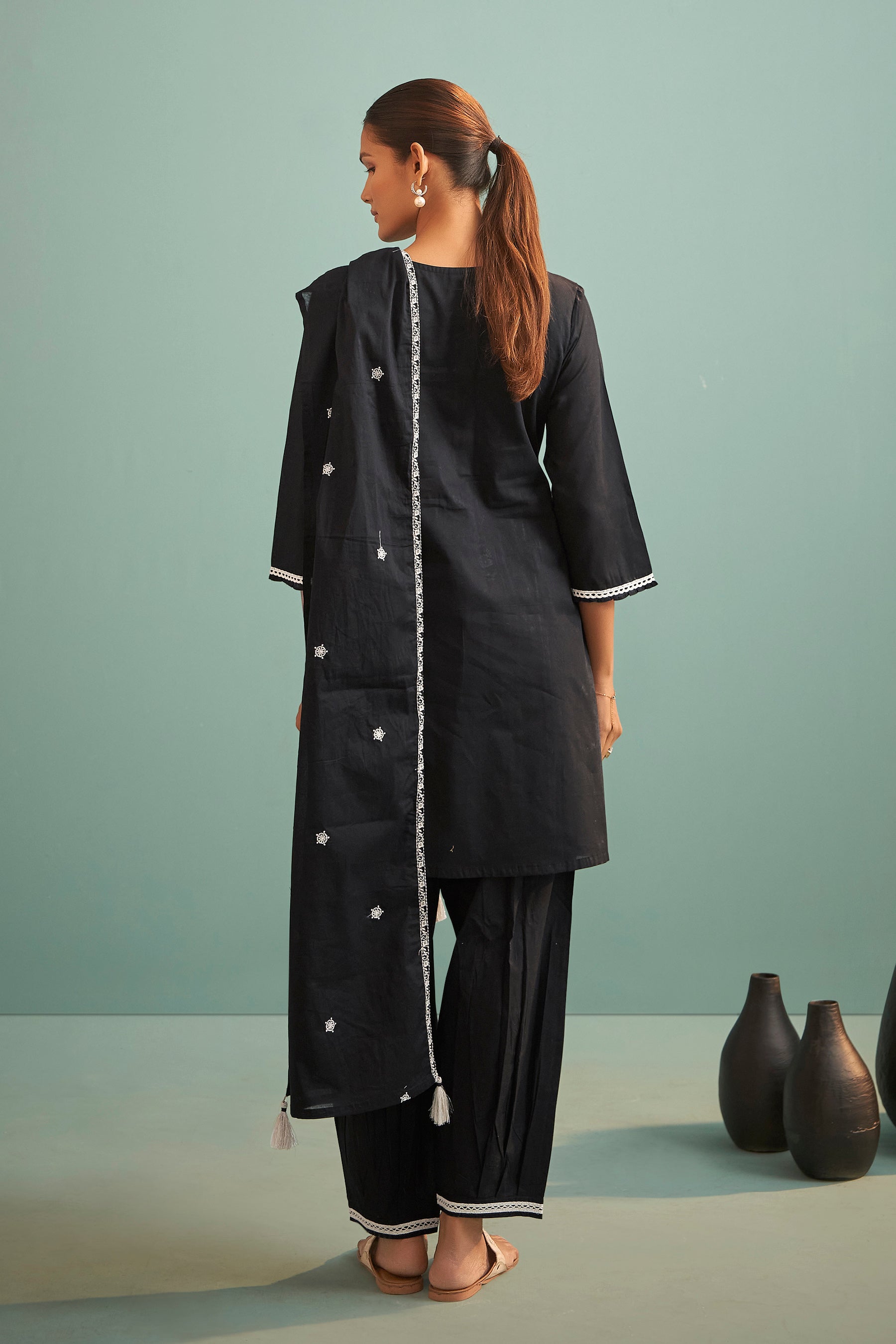 Zyrah Black Chikankari Embroidered Cotton Kurta Set