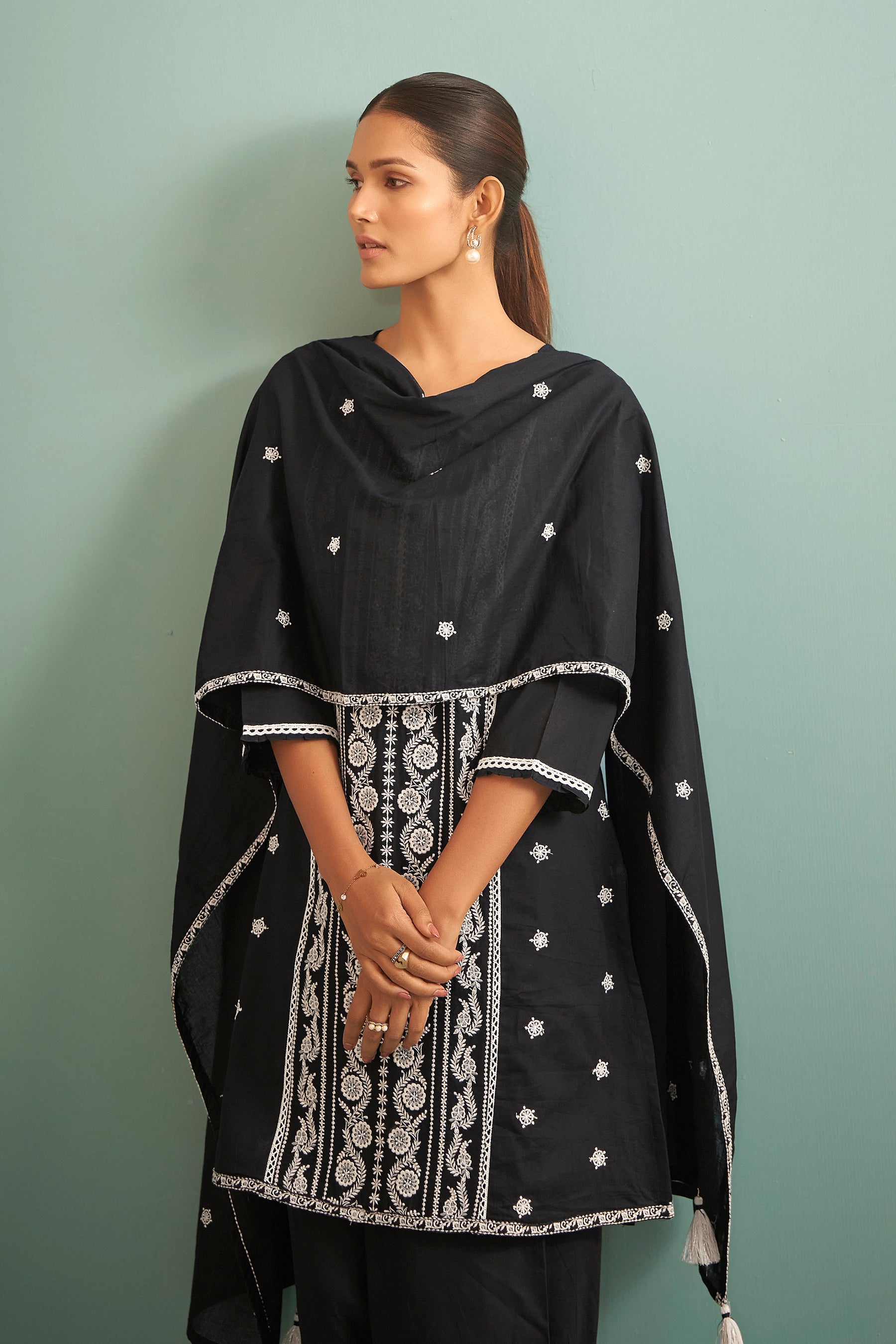 Zyrah Black Chikankari Embroidered Cotton Kurta Set