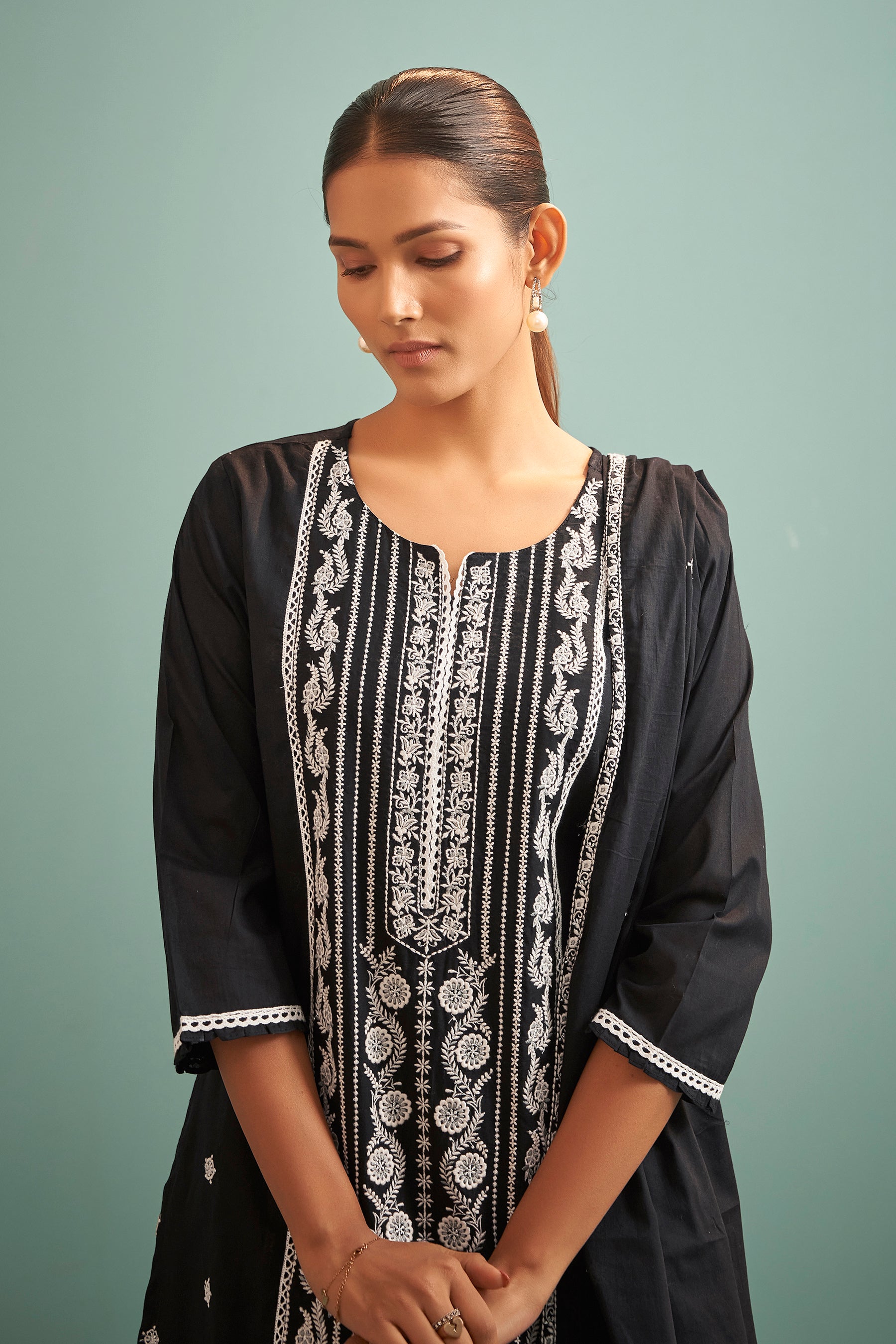 Zyrah Black Chikankari Embroidered Cotton Kurta Set