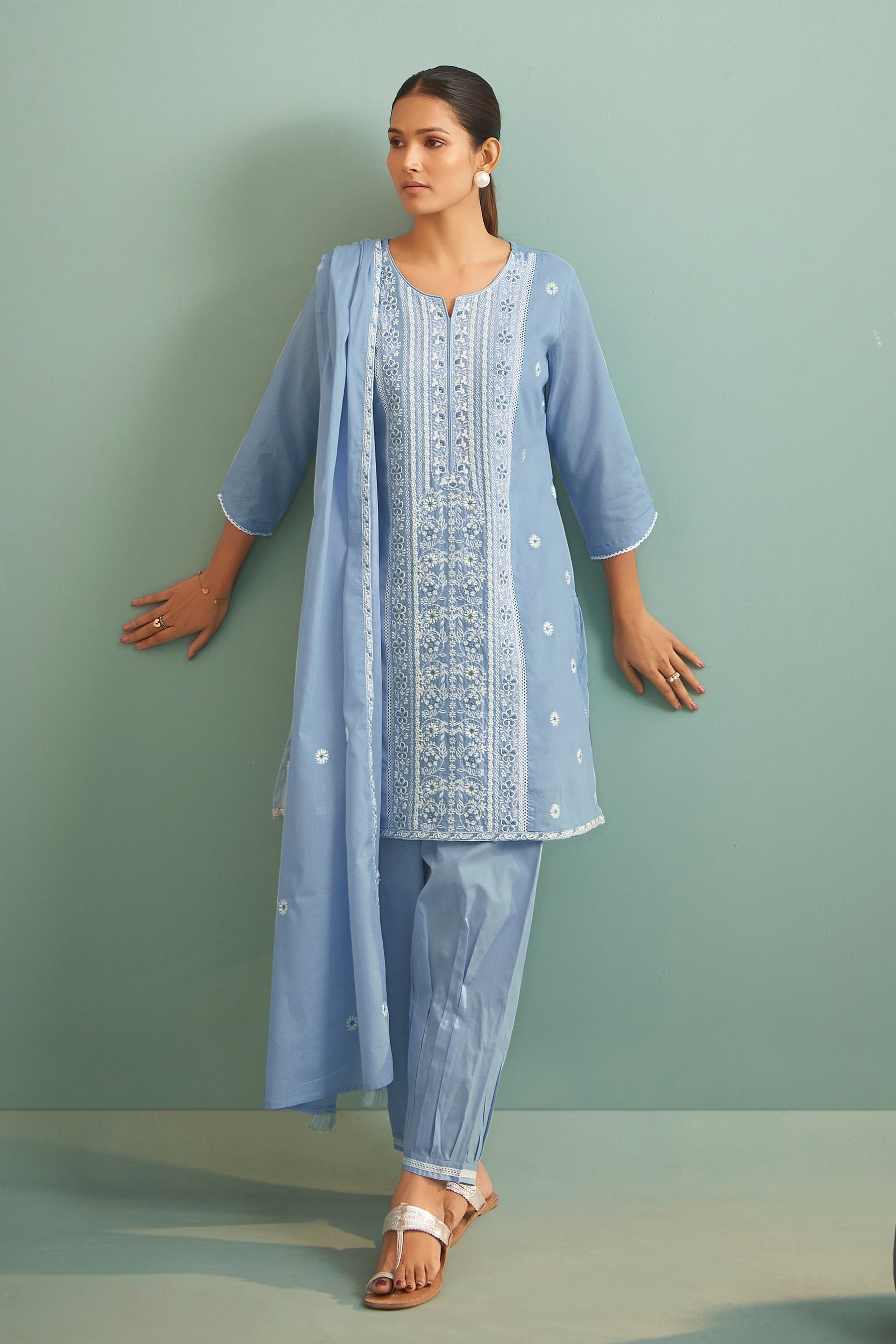 Keira Blue Chikankari Embroidered Cotton Kurta Set