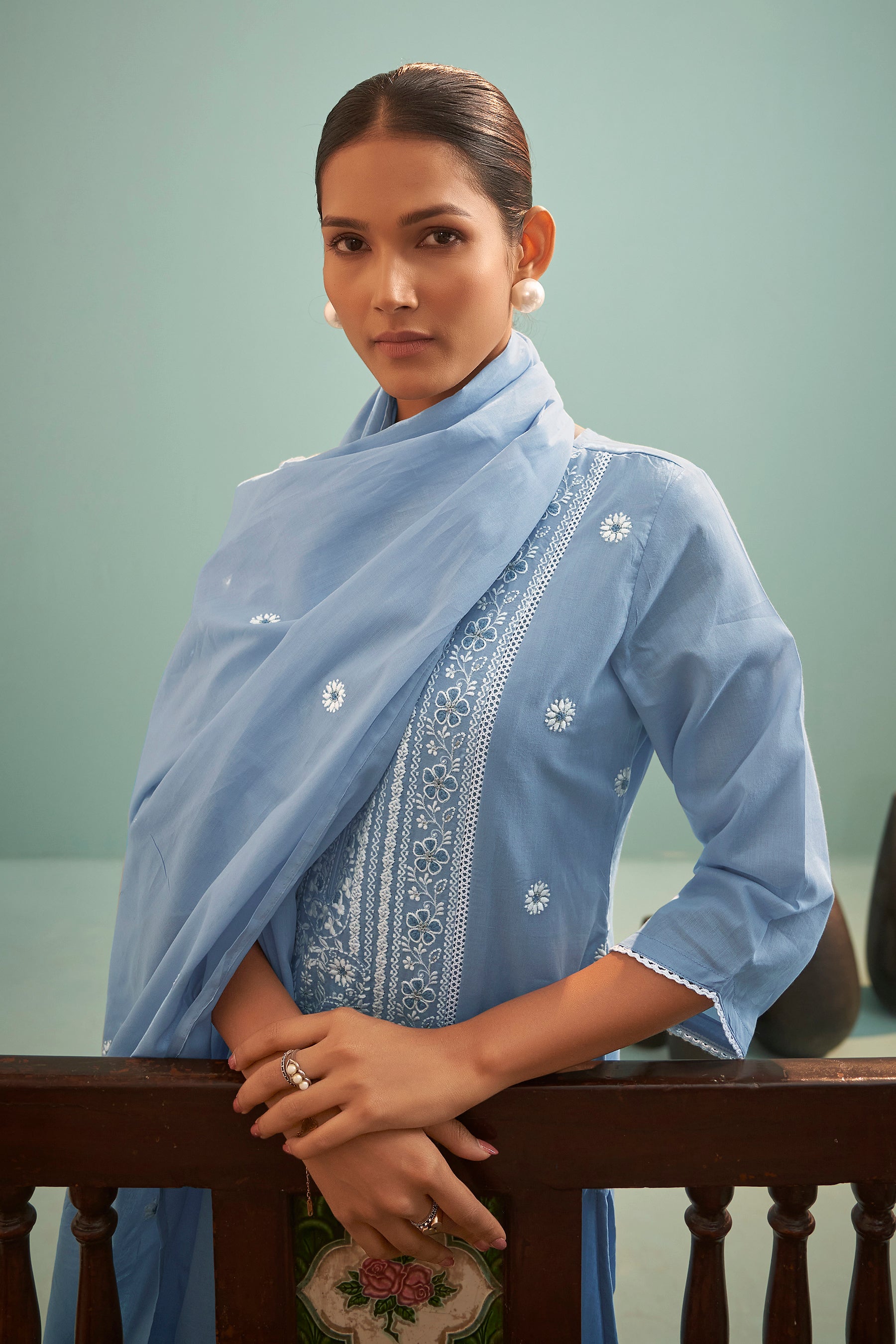 Keira Blue Chikankari Embroidered Cotton Kurta Set