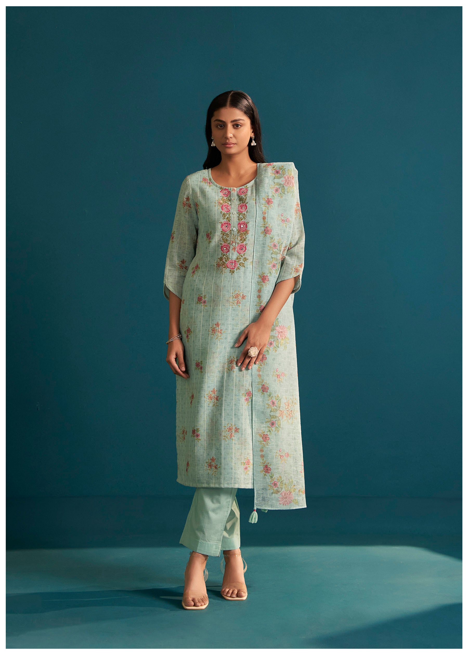 Liora Digital Print Embroidered Linen Kurta Set