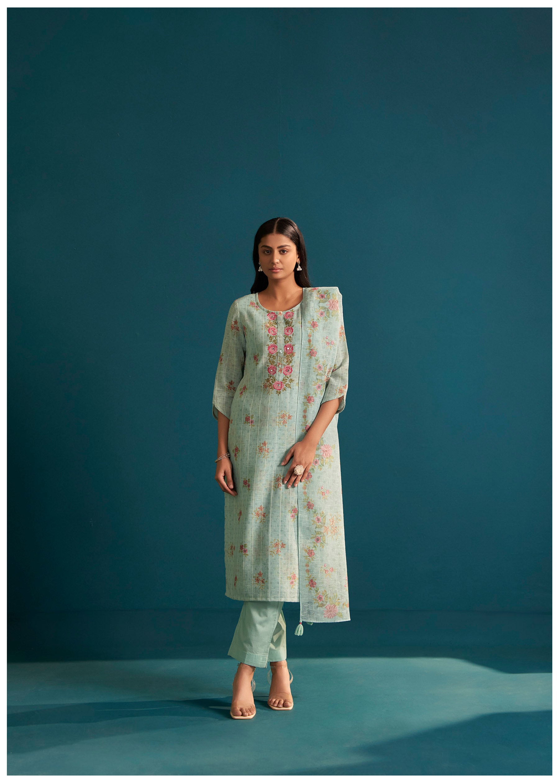 Liora Digital Print Embroidered Linen Kurta Set