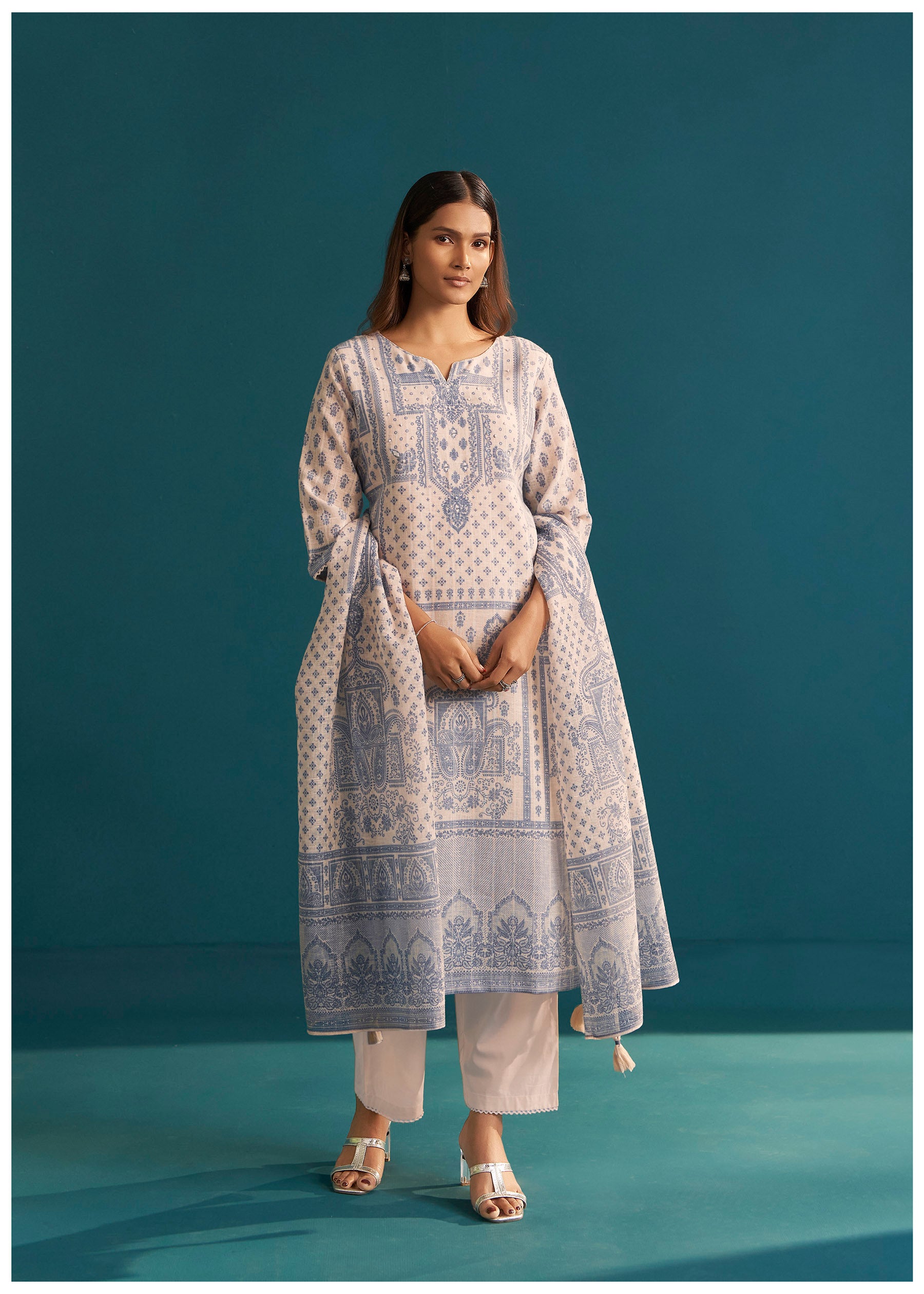 Zaira Digital Print Embroidered Linen Kurta Set