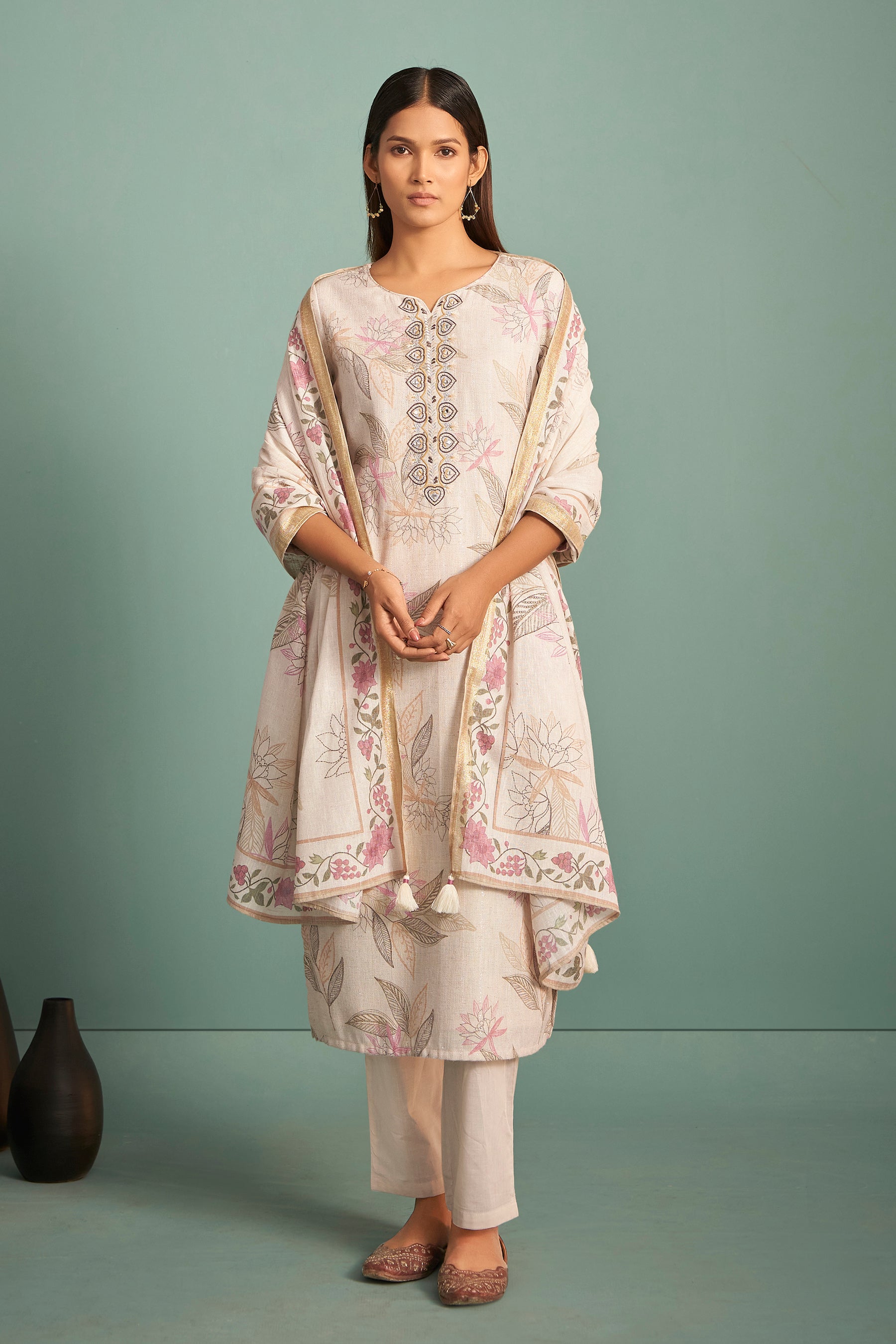 Pearlshade Cream Embroidered Linen Kurta Set
