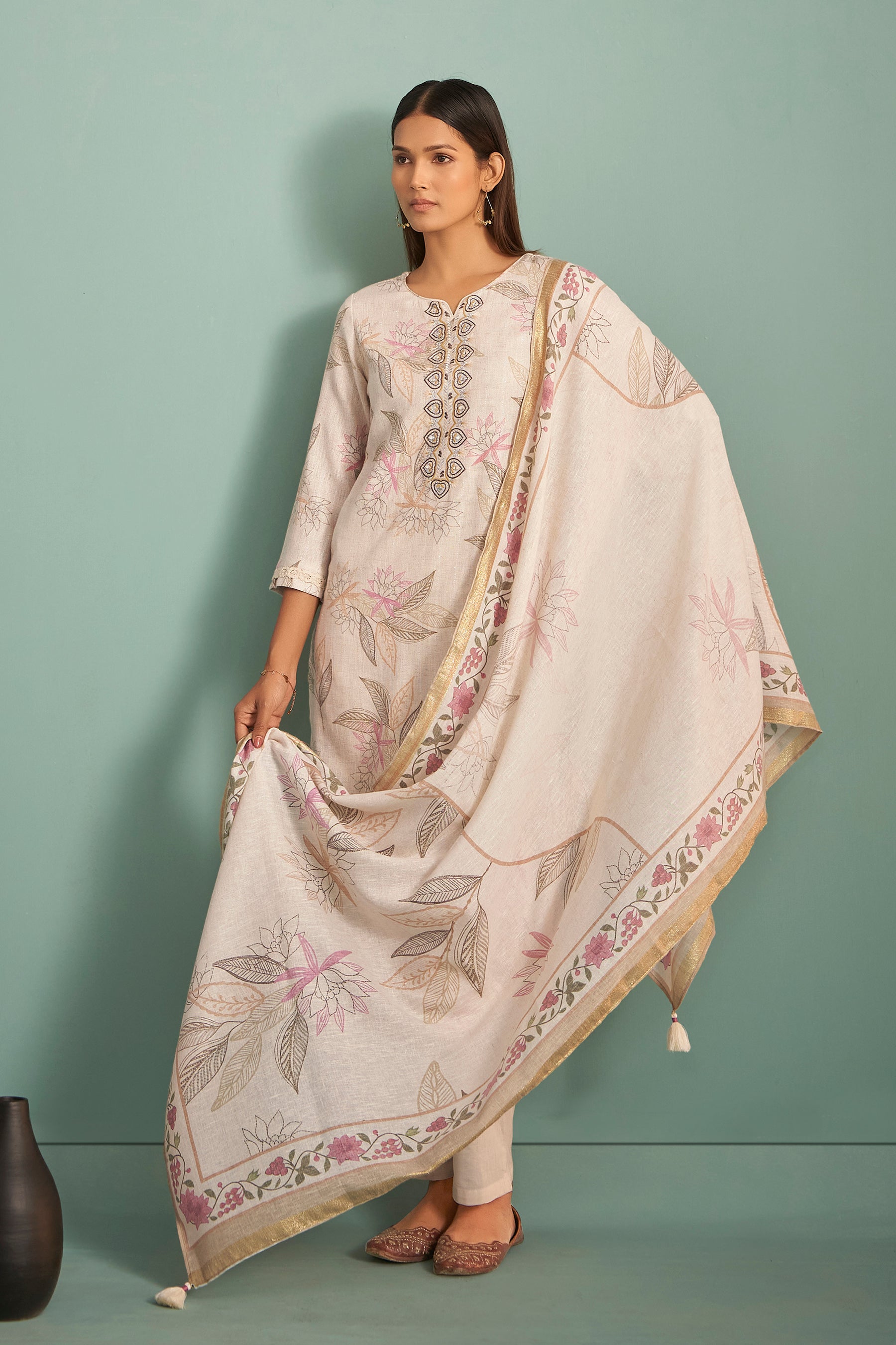 Pearlshade Cream Embroidered Linen Kurta Set
