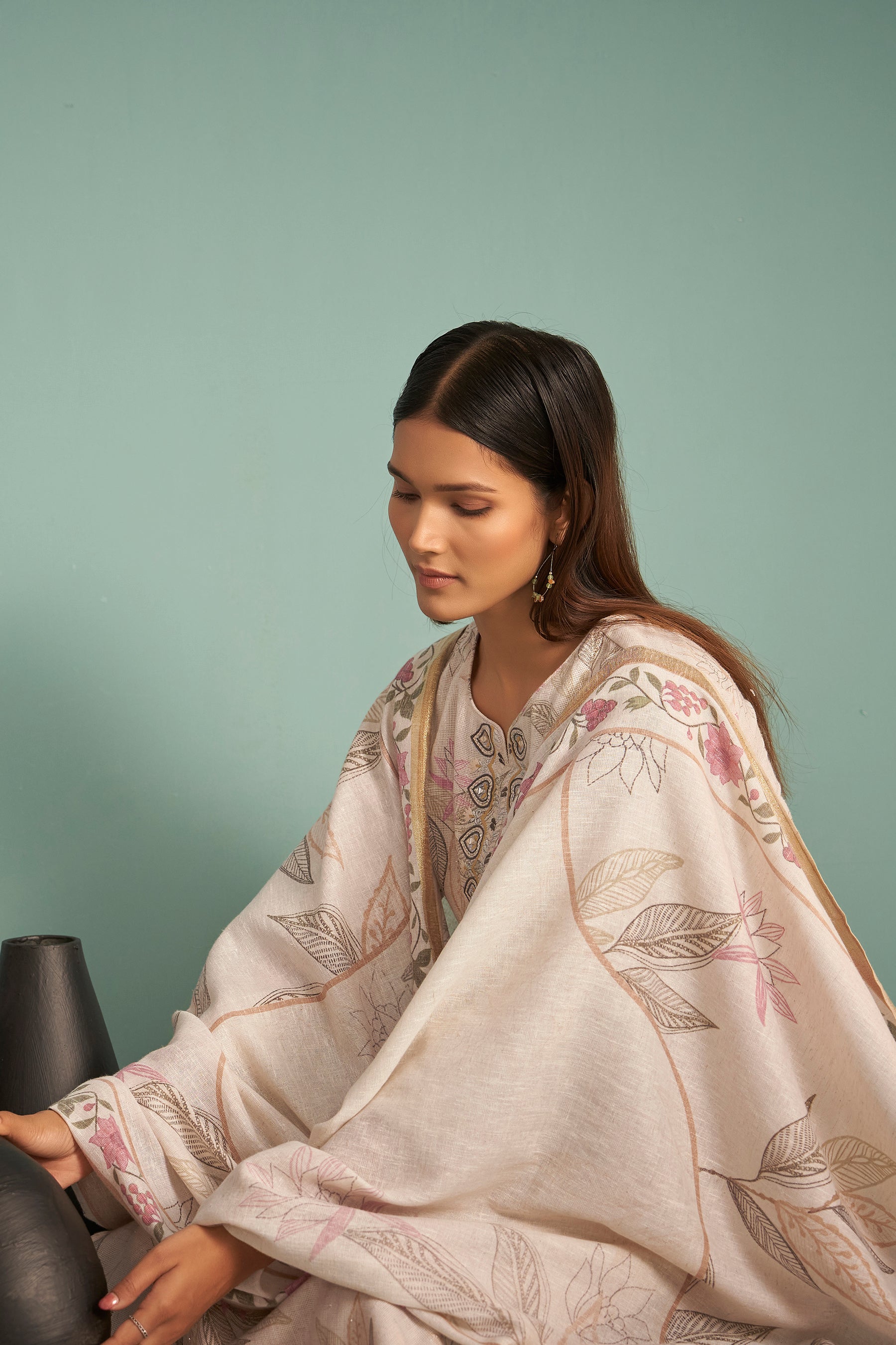 Pearlshade Cream Embroidered Linen Kurta Set