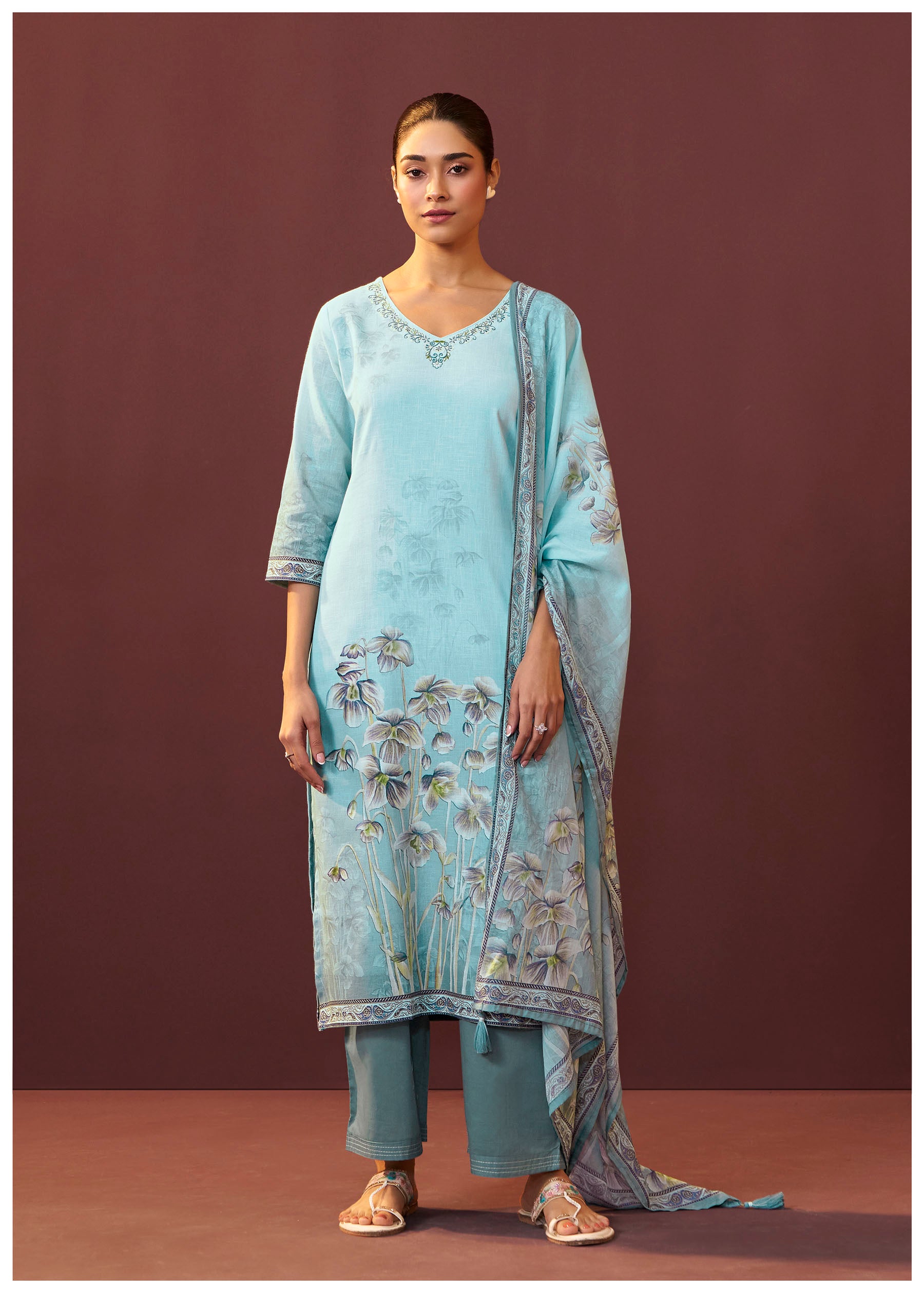Celestia Blue Embroidered Linen Kurta Set