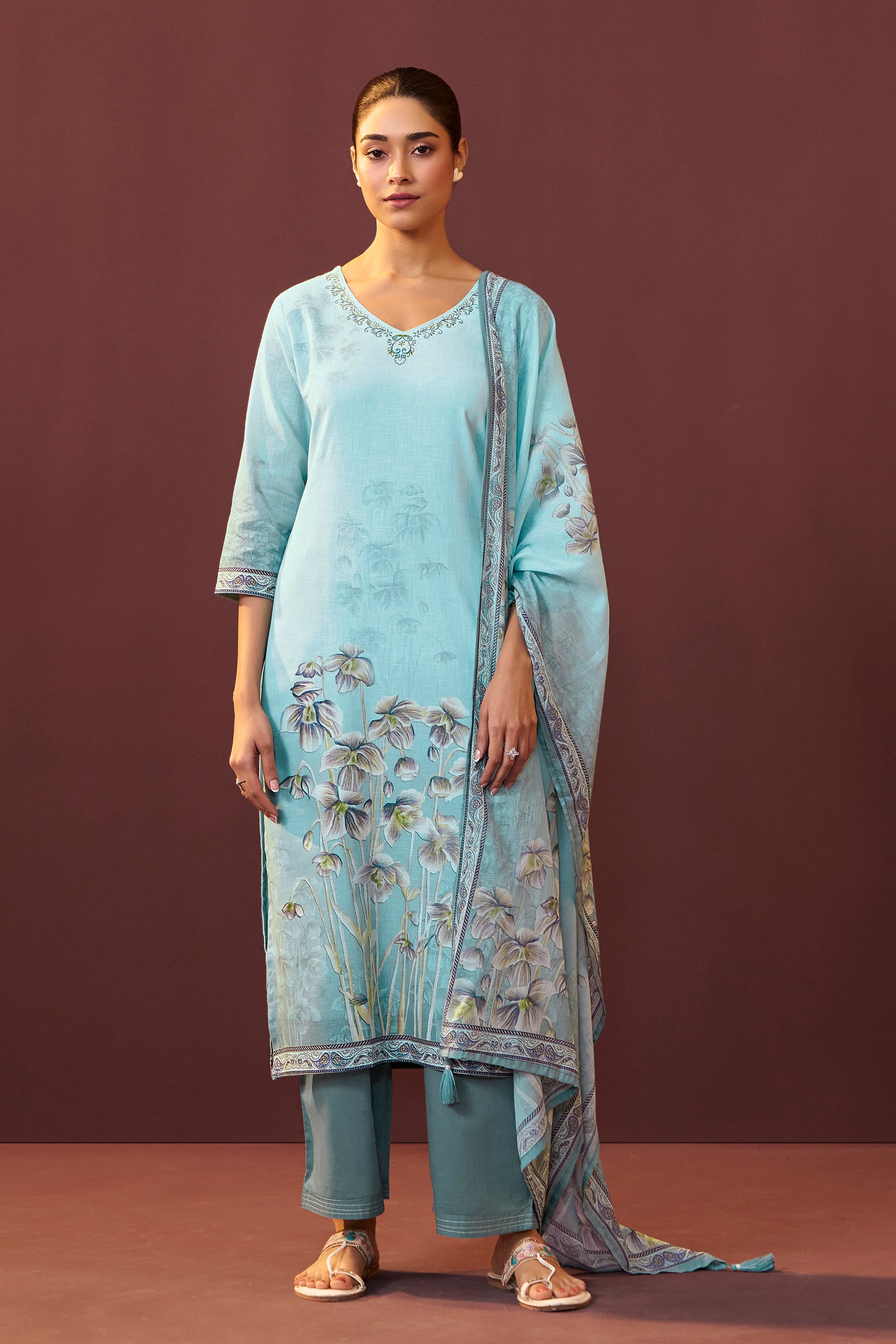 Celestia Blue Embroidered Linen Kurta Set