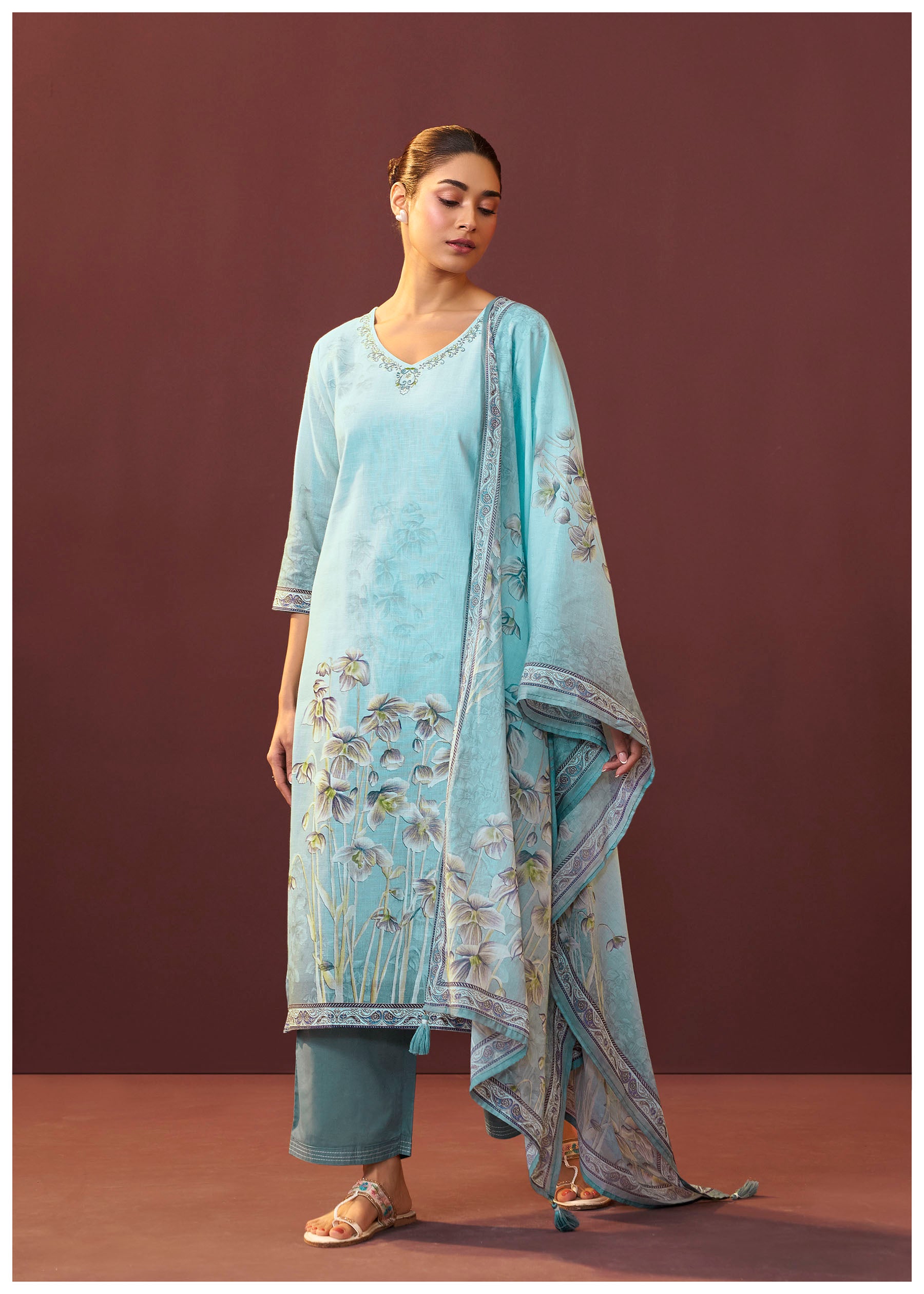 Celestia Blue Embroidered Linen Kurta Set