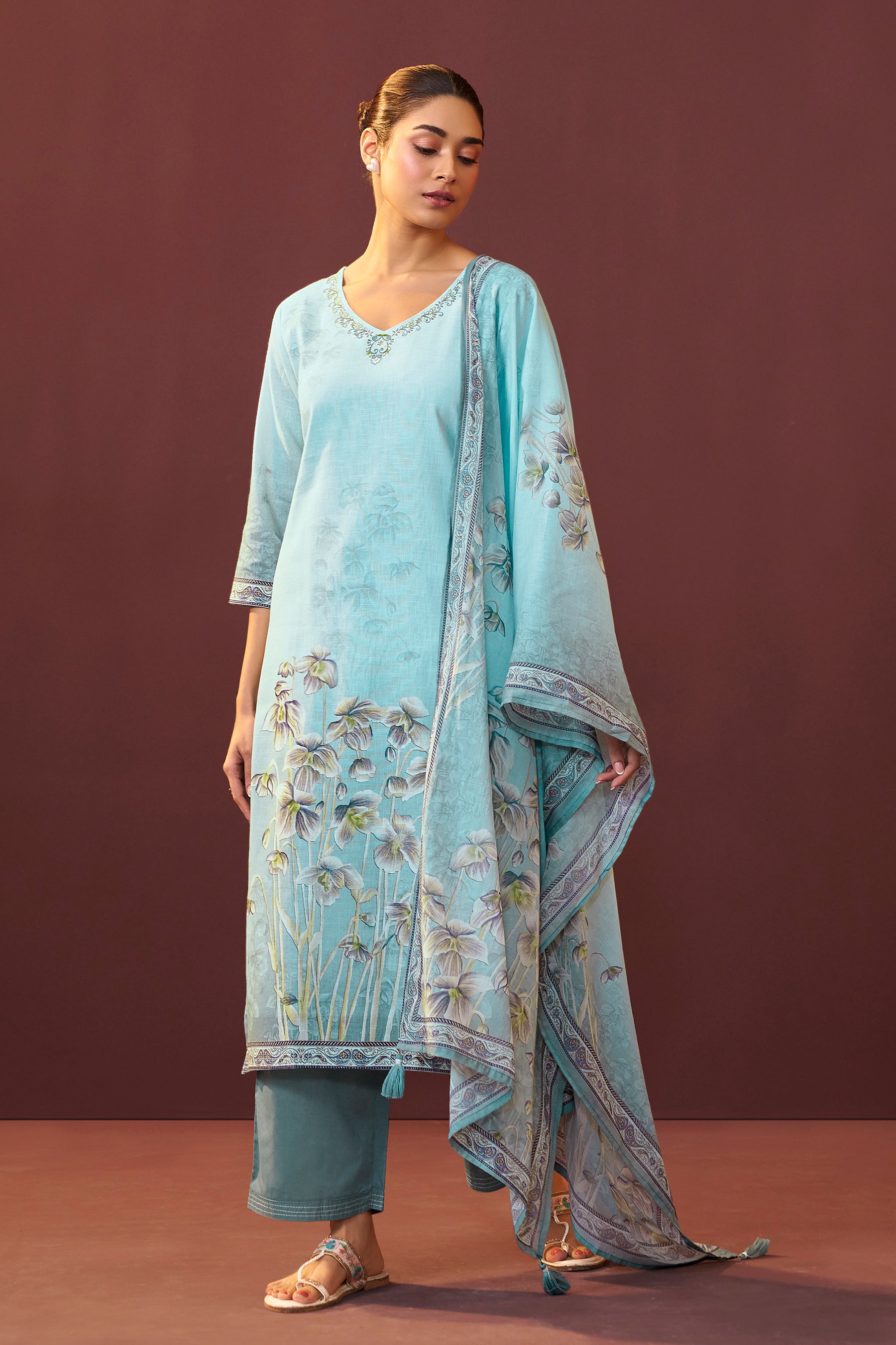 Celestia Blue Embroidered Linen Kurta Set