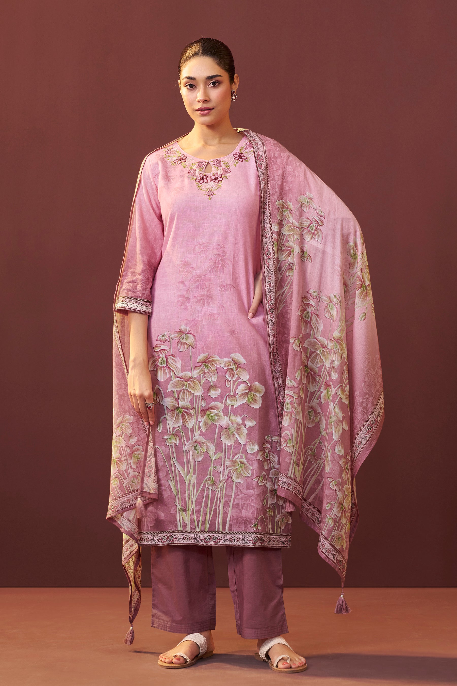 Roselle Pink Embroidered Linen Kurta Set
