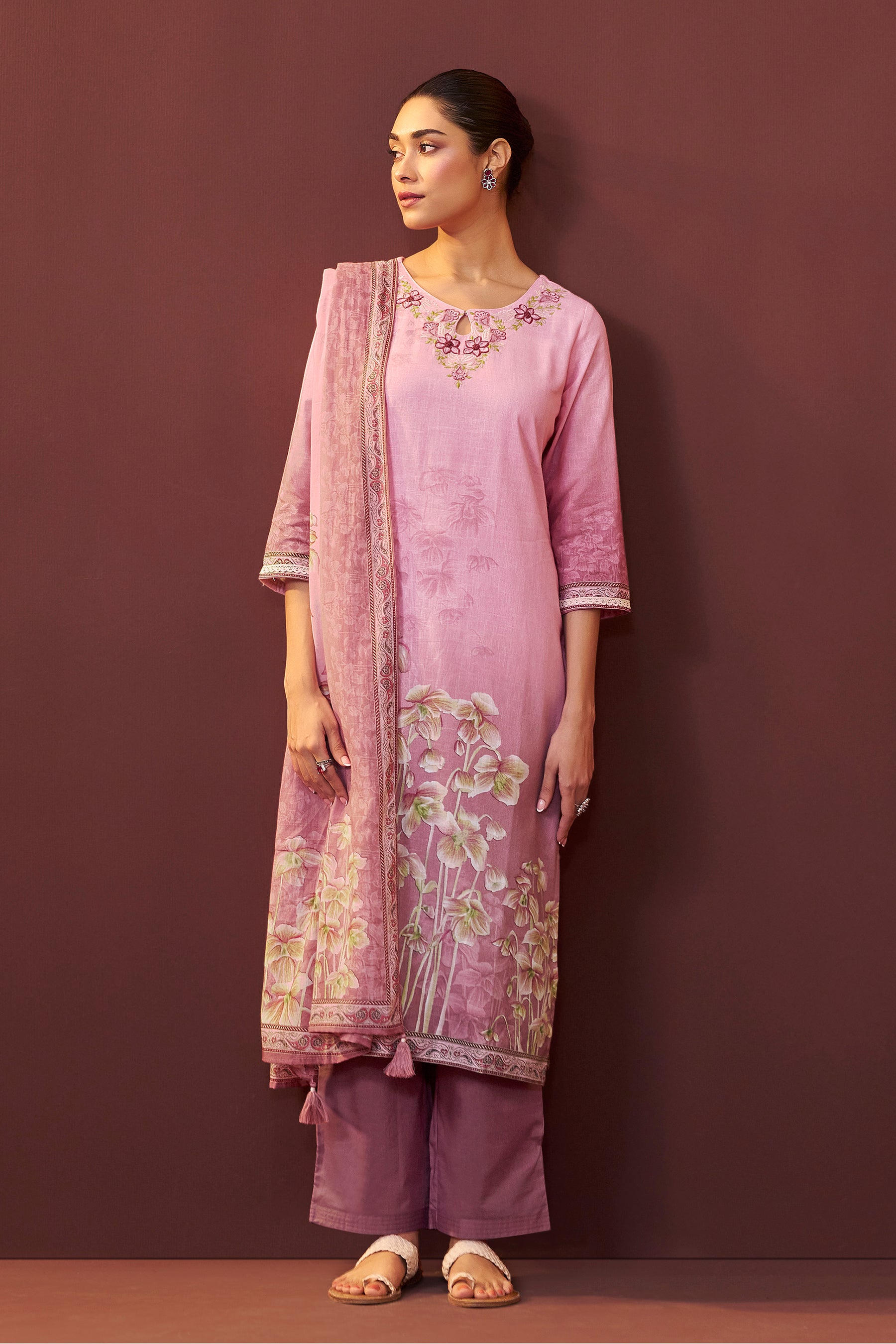 Roselle Pink Embroidered Linen Kurta Set