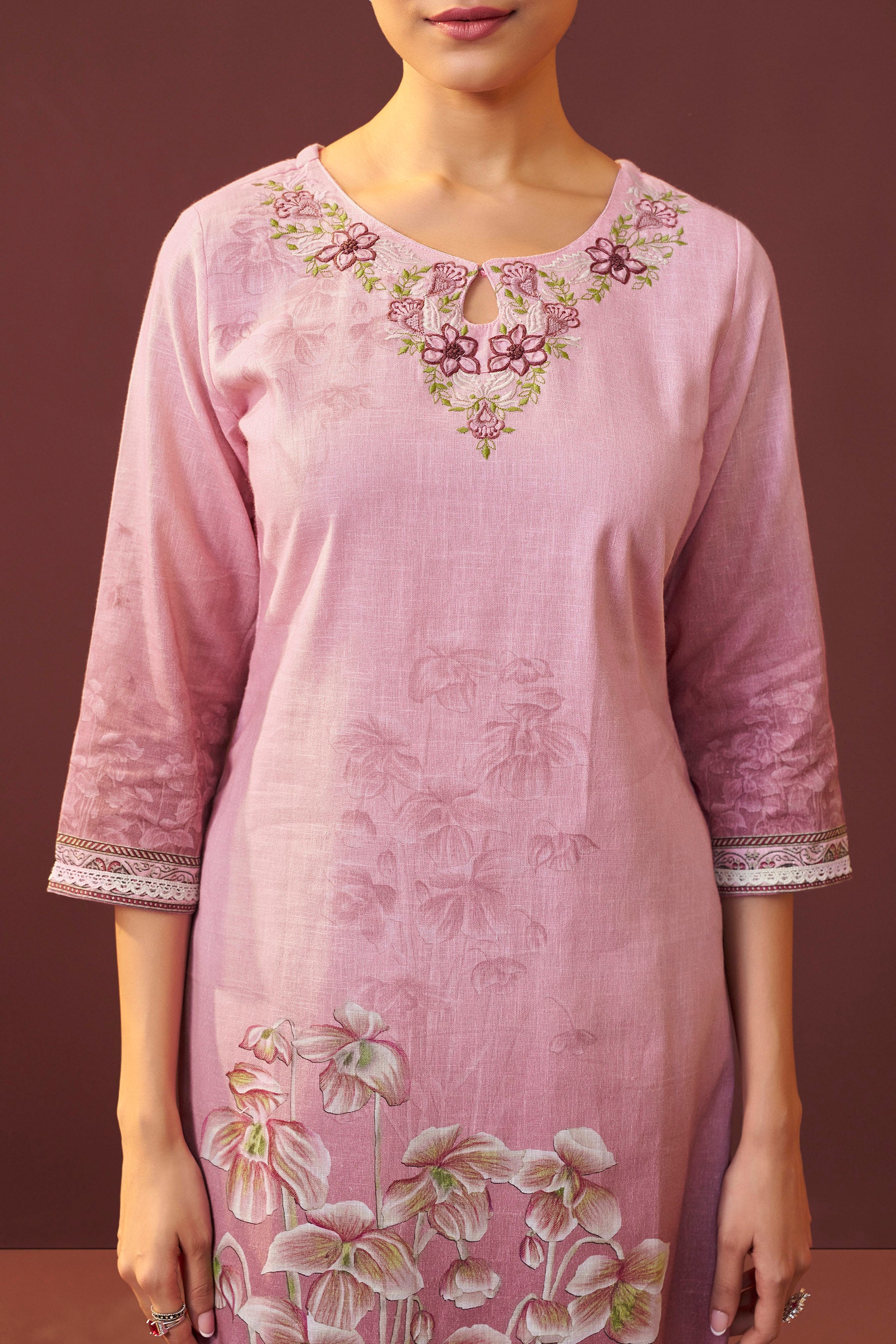 Roselle Pink Embroidered Linen Kurta Set