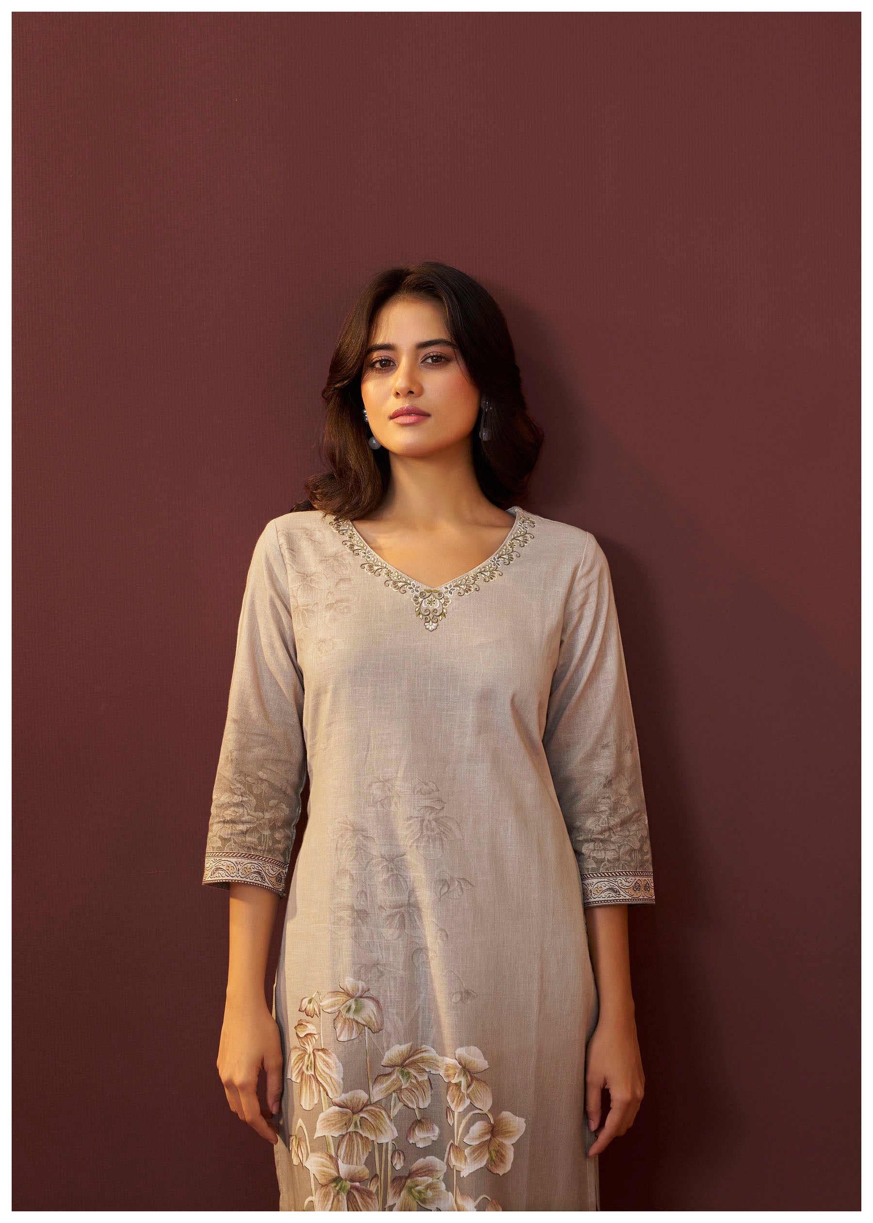 Mistlyn Grey Embroidered Linen Kurta Set