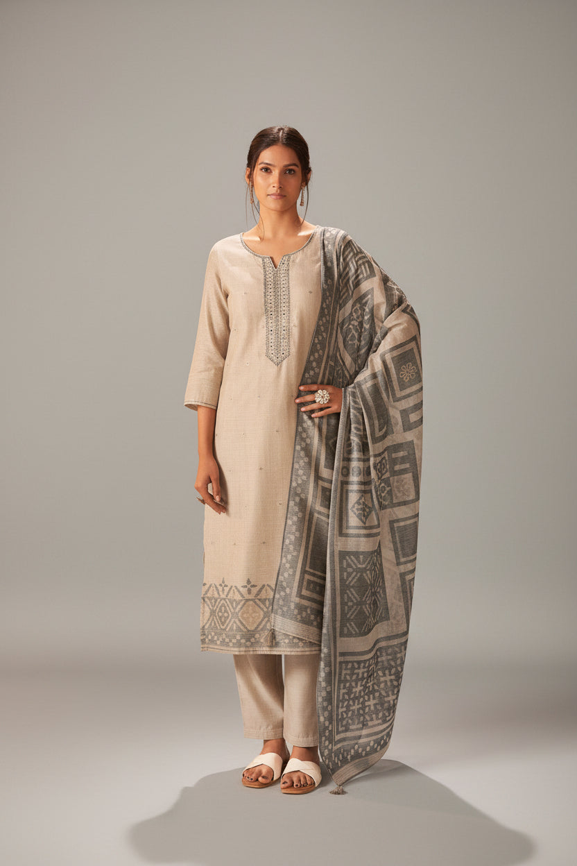 Nuviah Linen Jacquard Embroidered Kurta Set