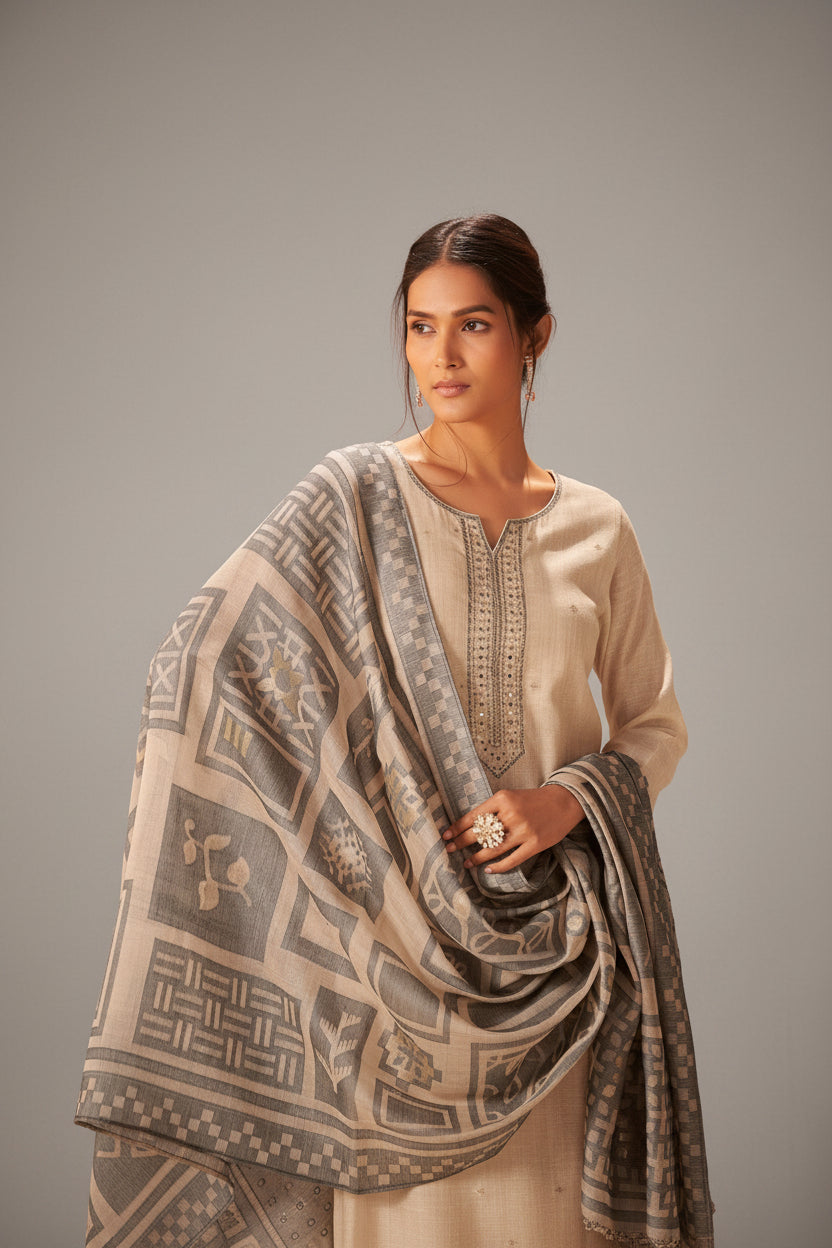 Nuviah Linen Jacquard Embroidered Kurta Set