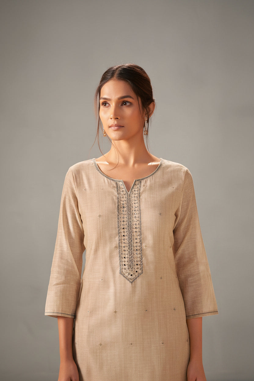 Nuviah Linen Jacquard Embroidered Kurta Set