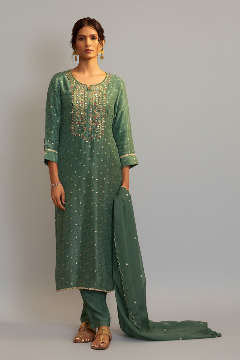 Mirror Embroidery Kurta Set – Green