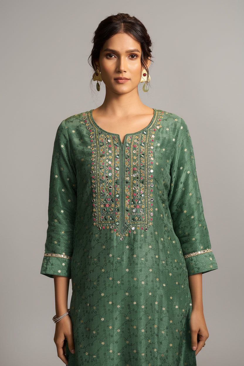 Mirror Embroidery Kurta Set – Green