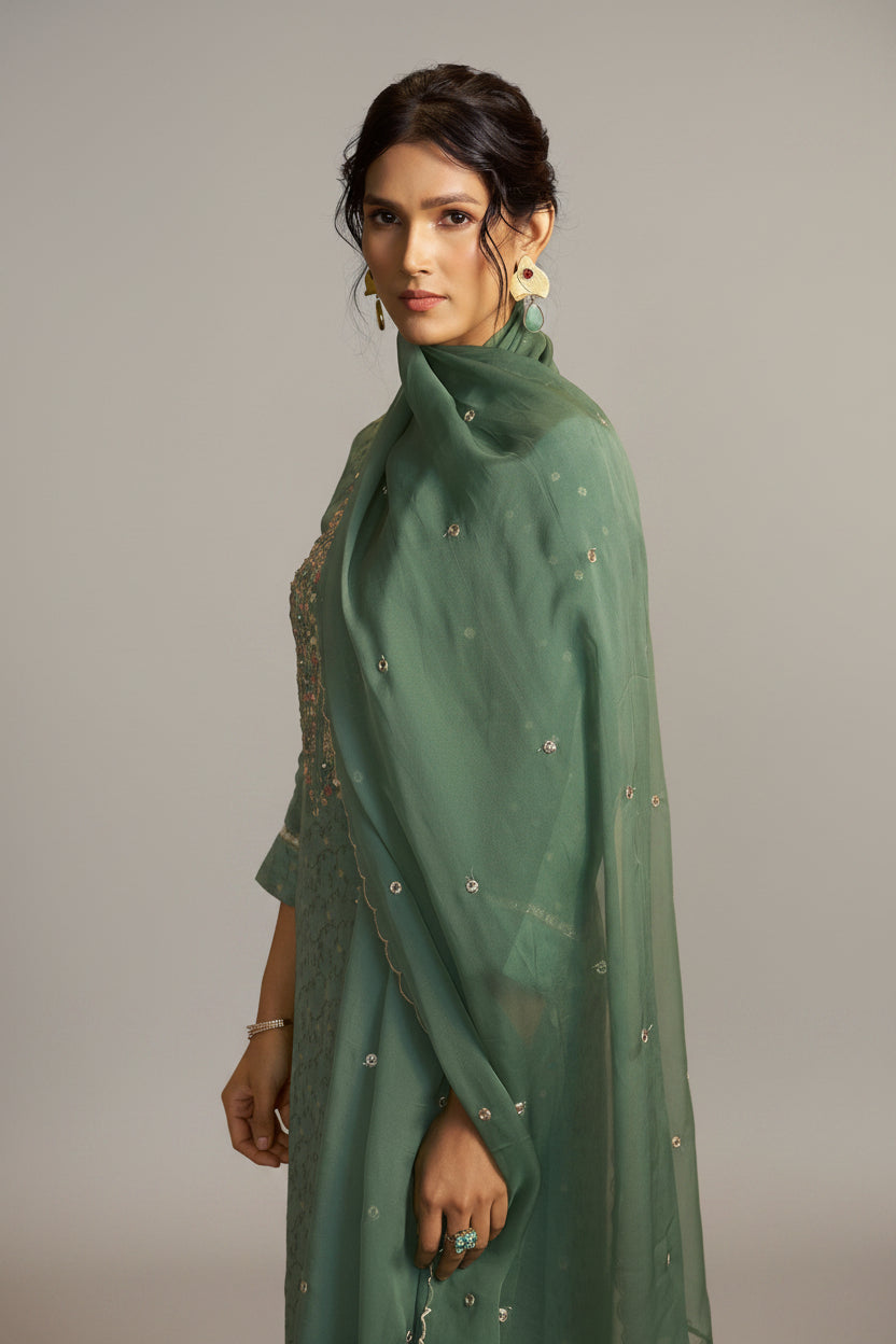 Mirror Embroidery Kurta Set – Green