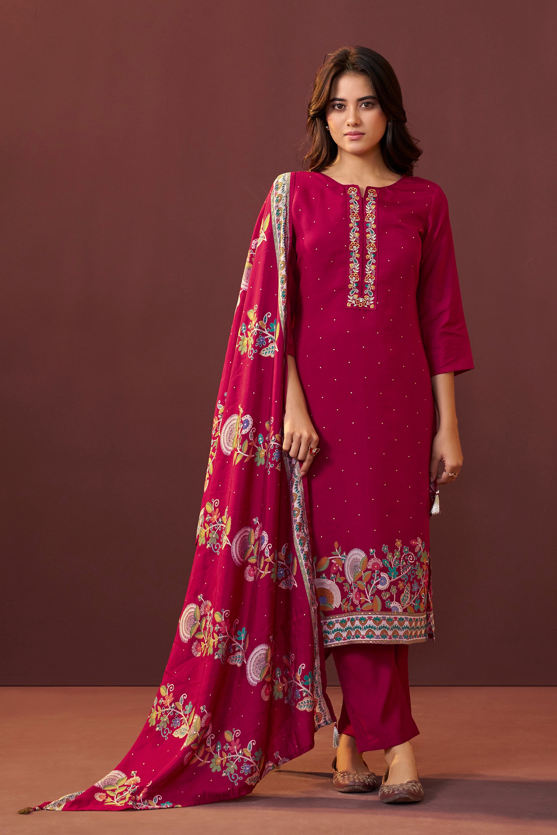 Gulnaar Maroon Embroidered Silk Kurta Set