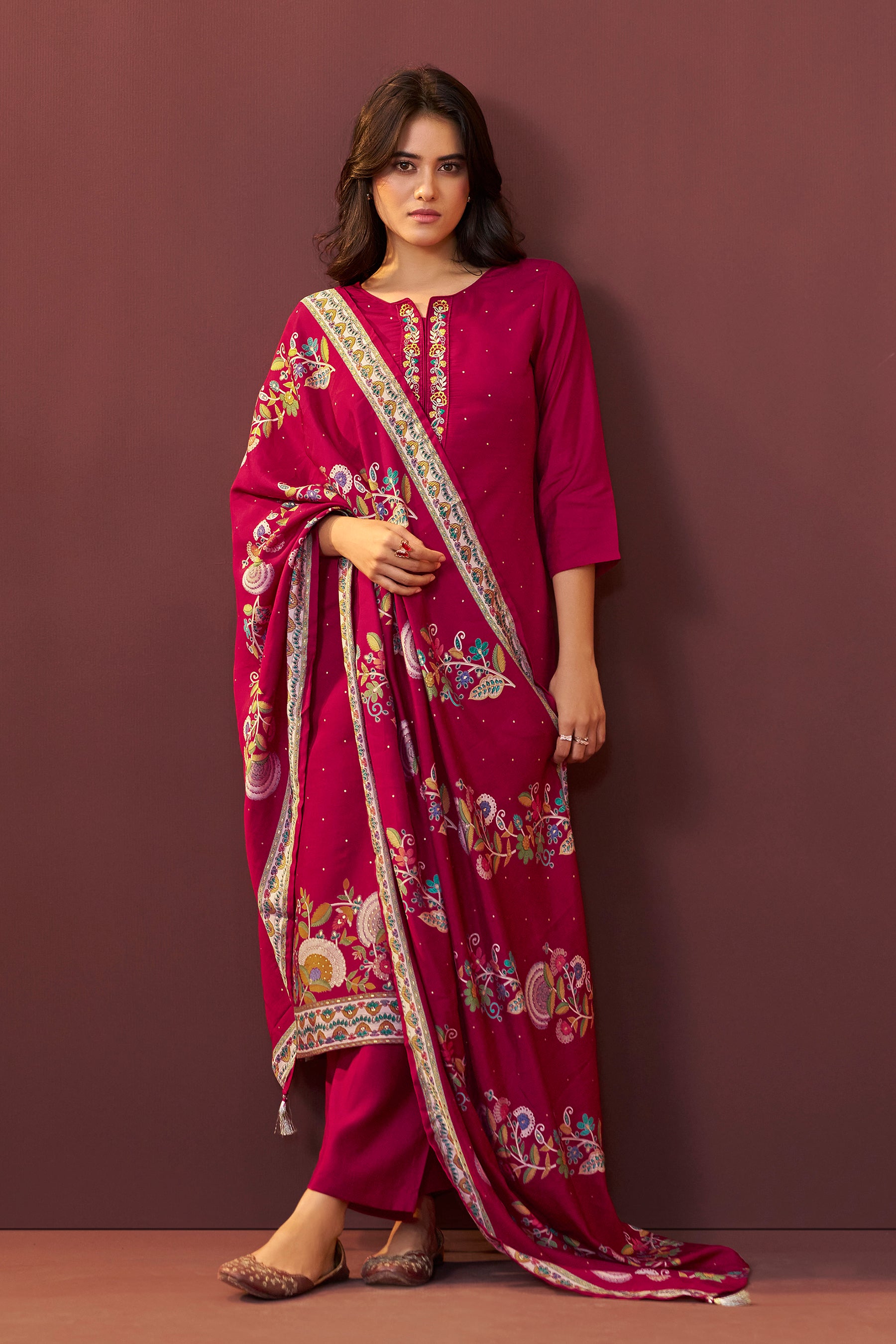 Gulnaar Maroon Embroidered Silk Kurta Set