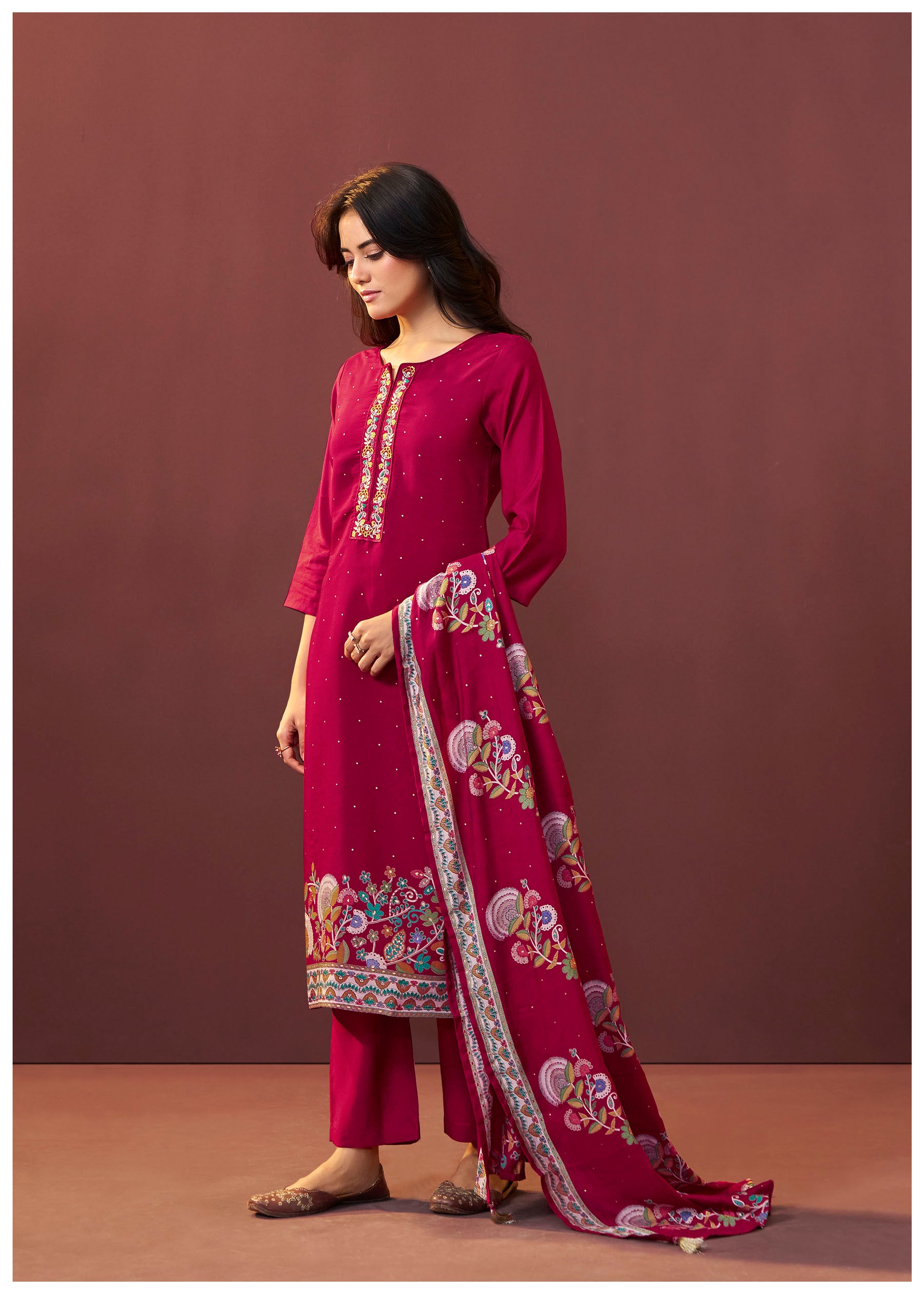 Gulnaar Maroon Embroidered Silk Kurta Set