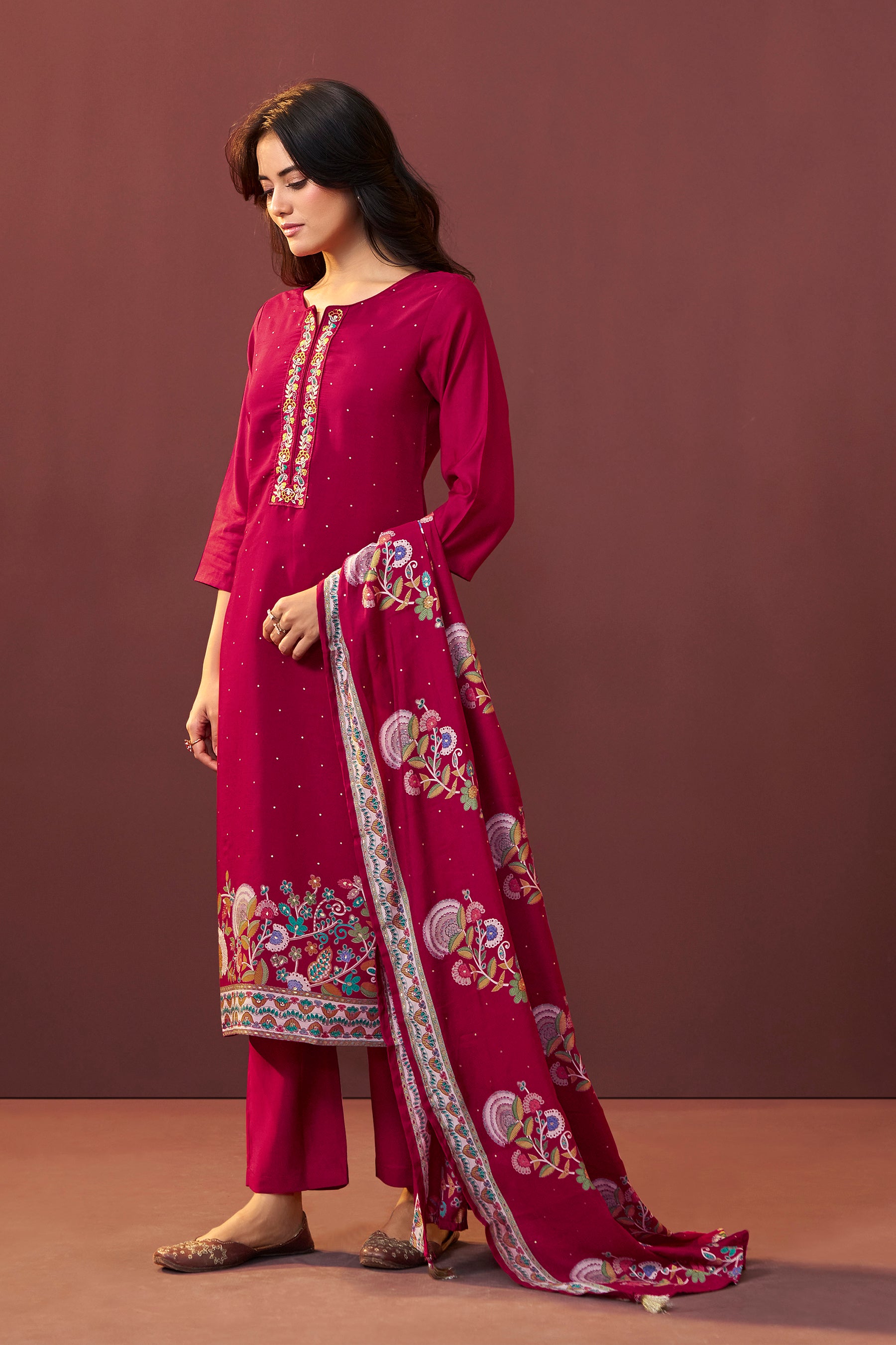Gulnaar Maroon Embroidered Silk Kurta Set