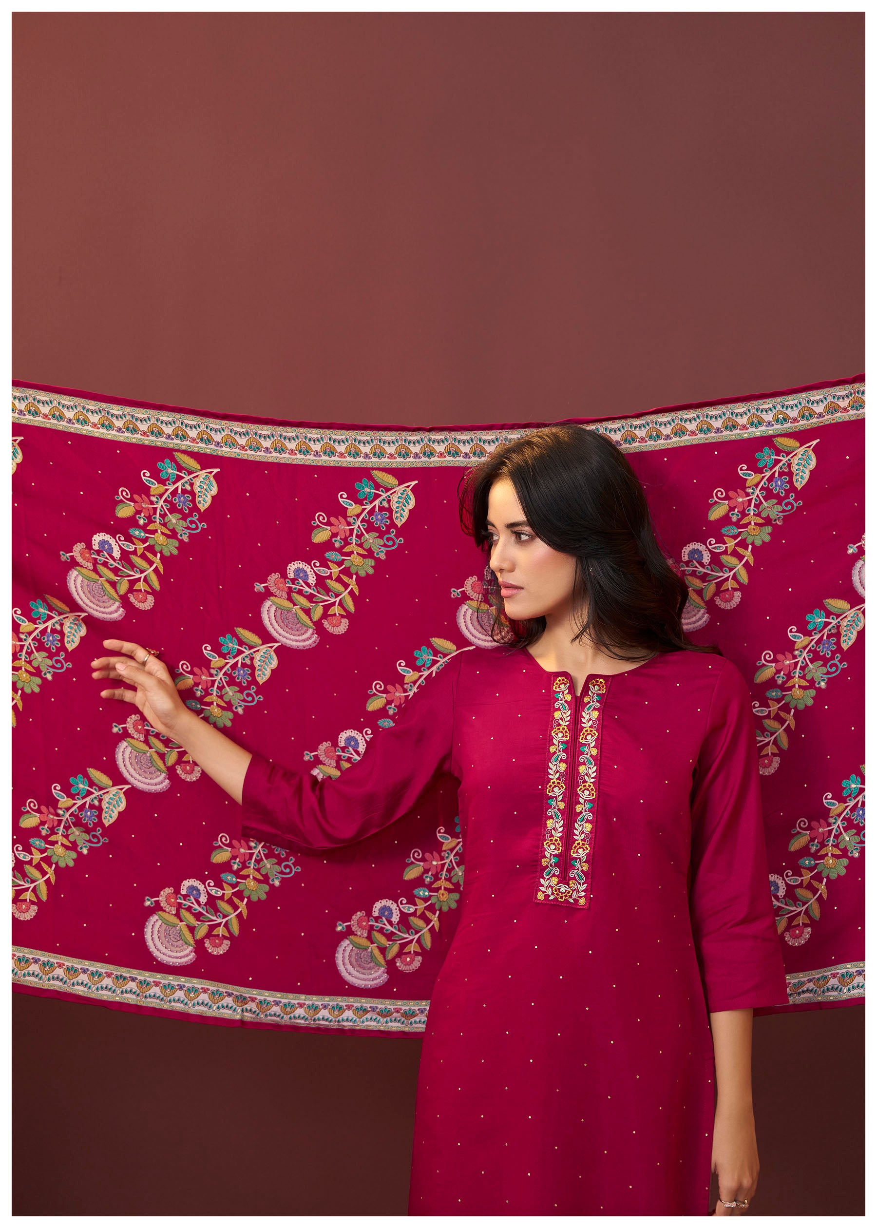 Gulnaar Maroon Embroidered Silk Kurta Set