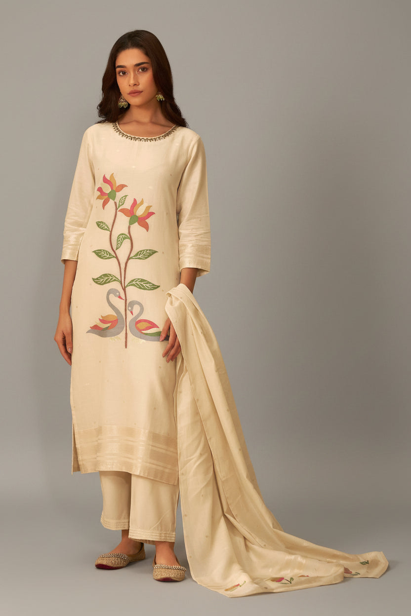 Cream Russian Silk Festive Kurta Set