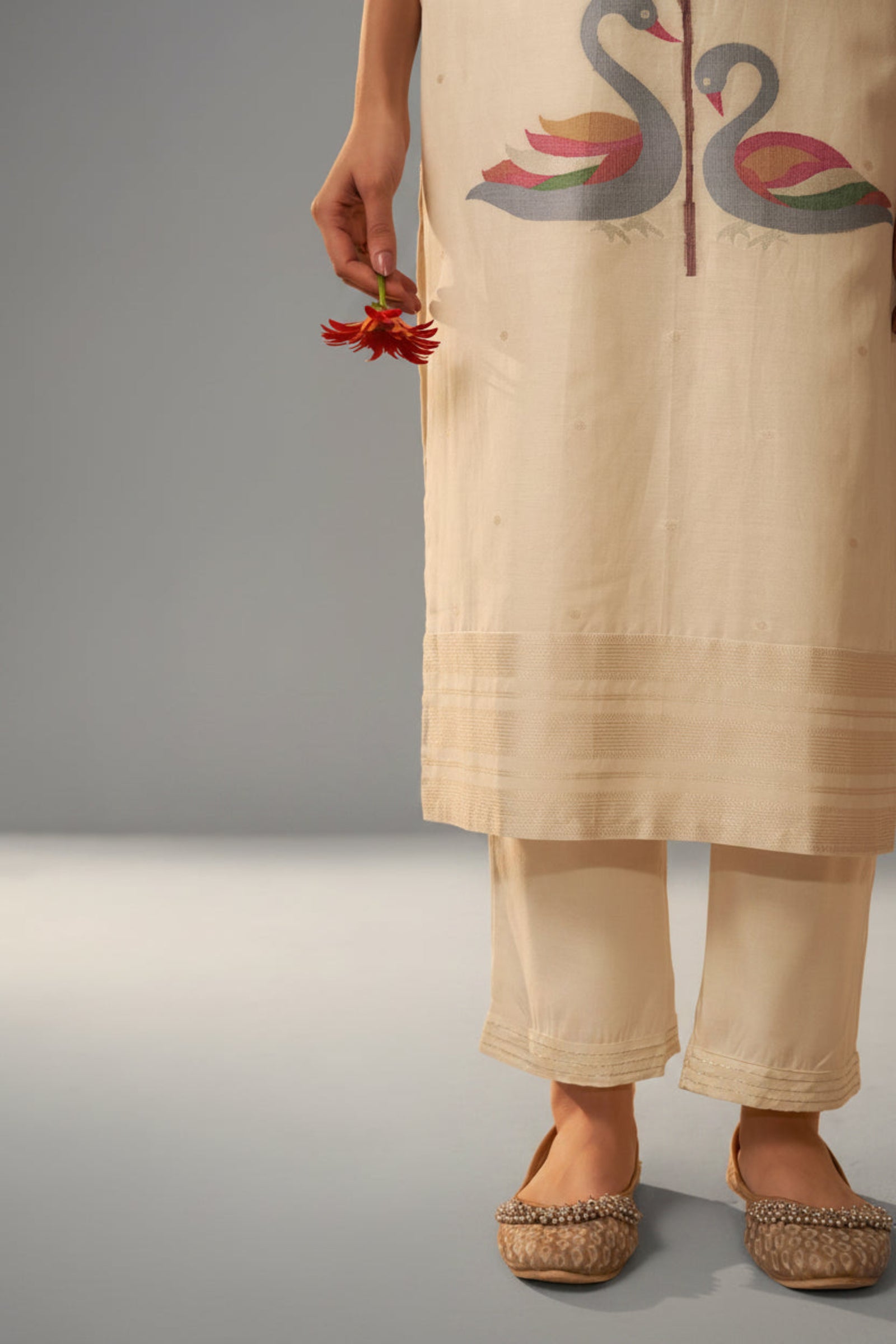 Cream Russian Silk Festive Kurta Set