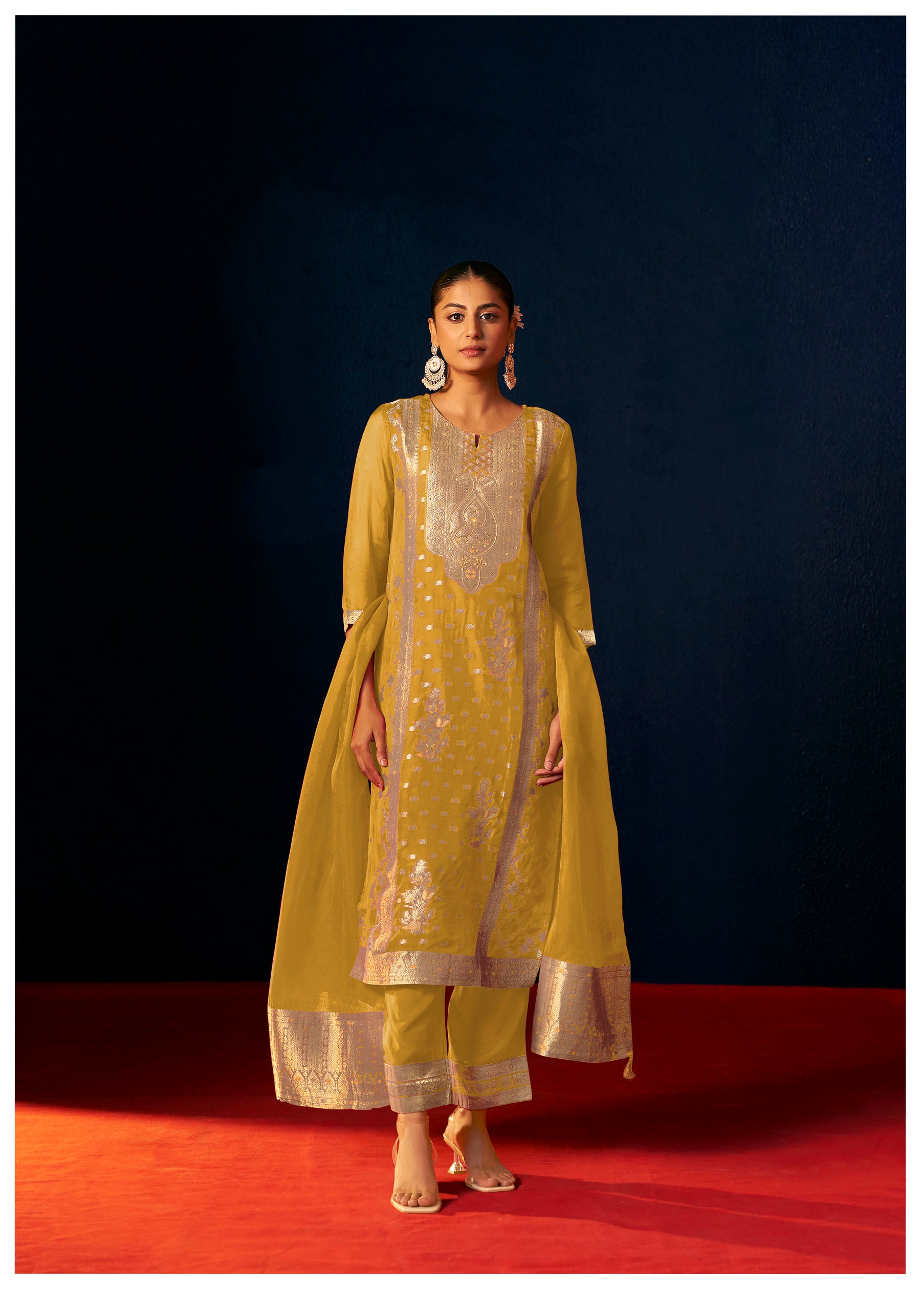Saffrona Mustard Organza Jacquard Kurta Set