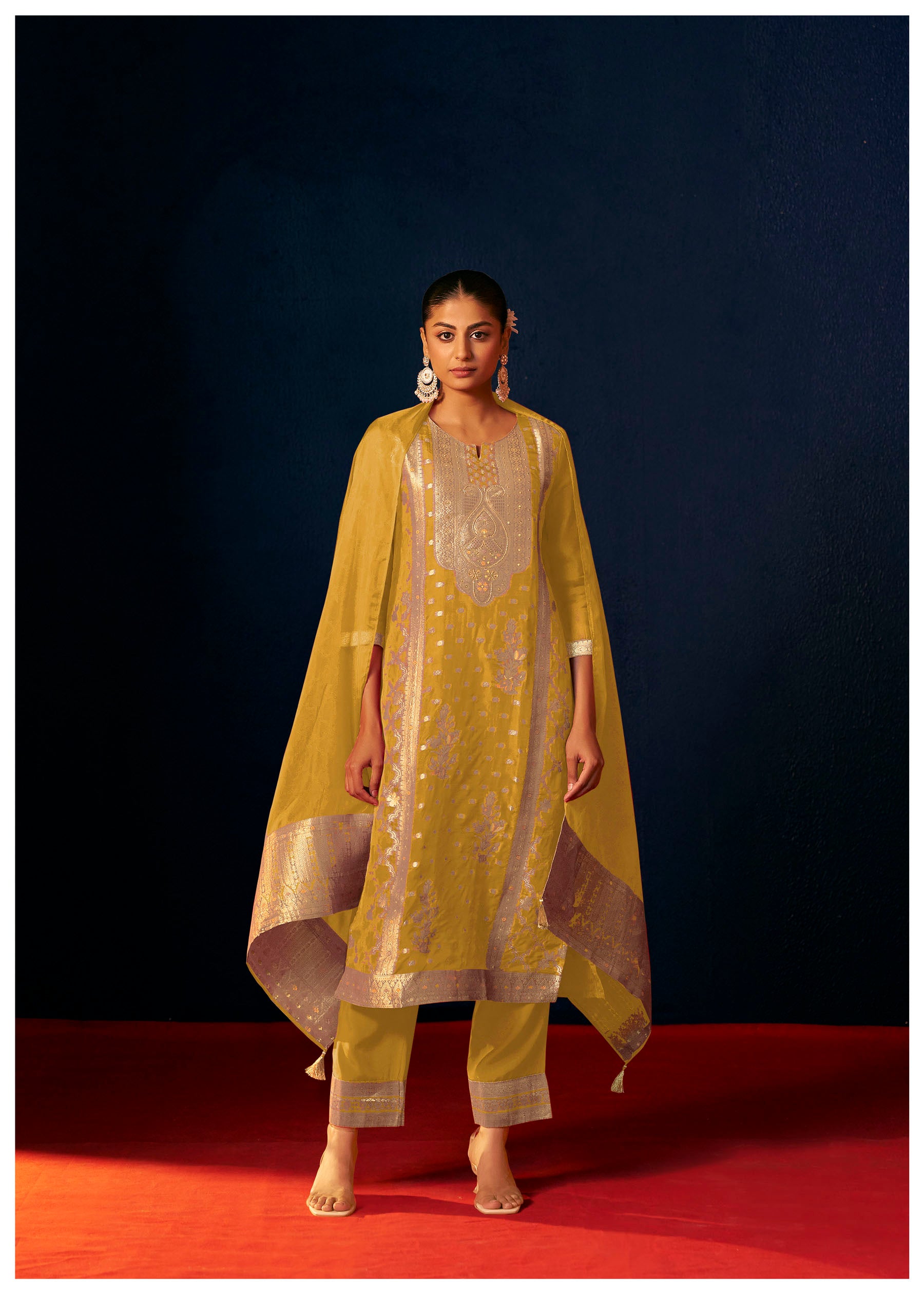 Saffrona Mustard Organza Jacquard Kurta Set