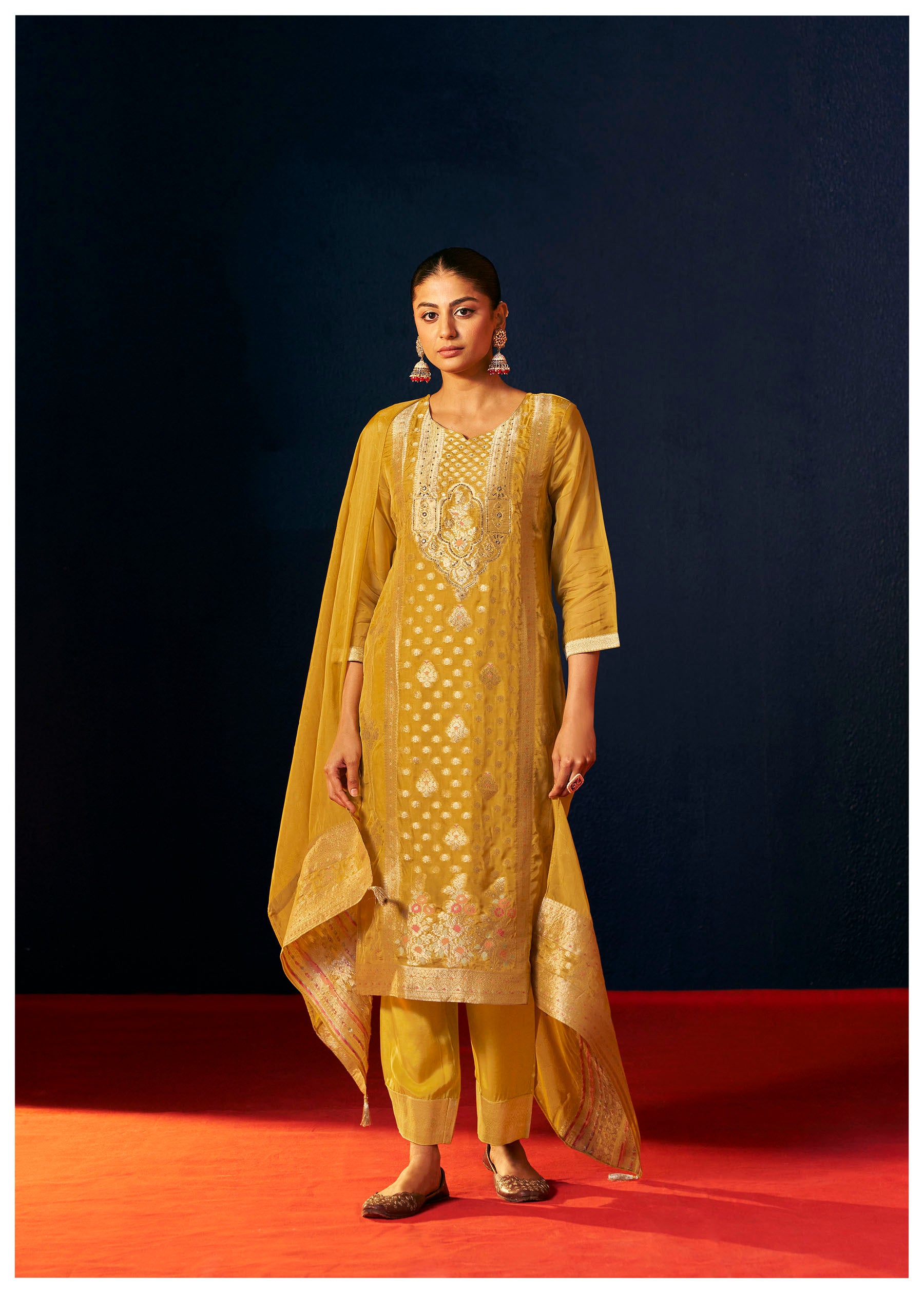 Solmira Mustard Organza Jacquard Kurta Set
