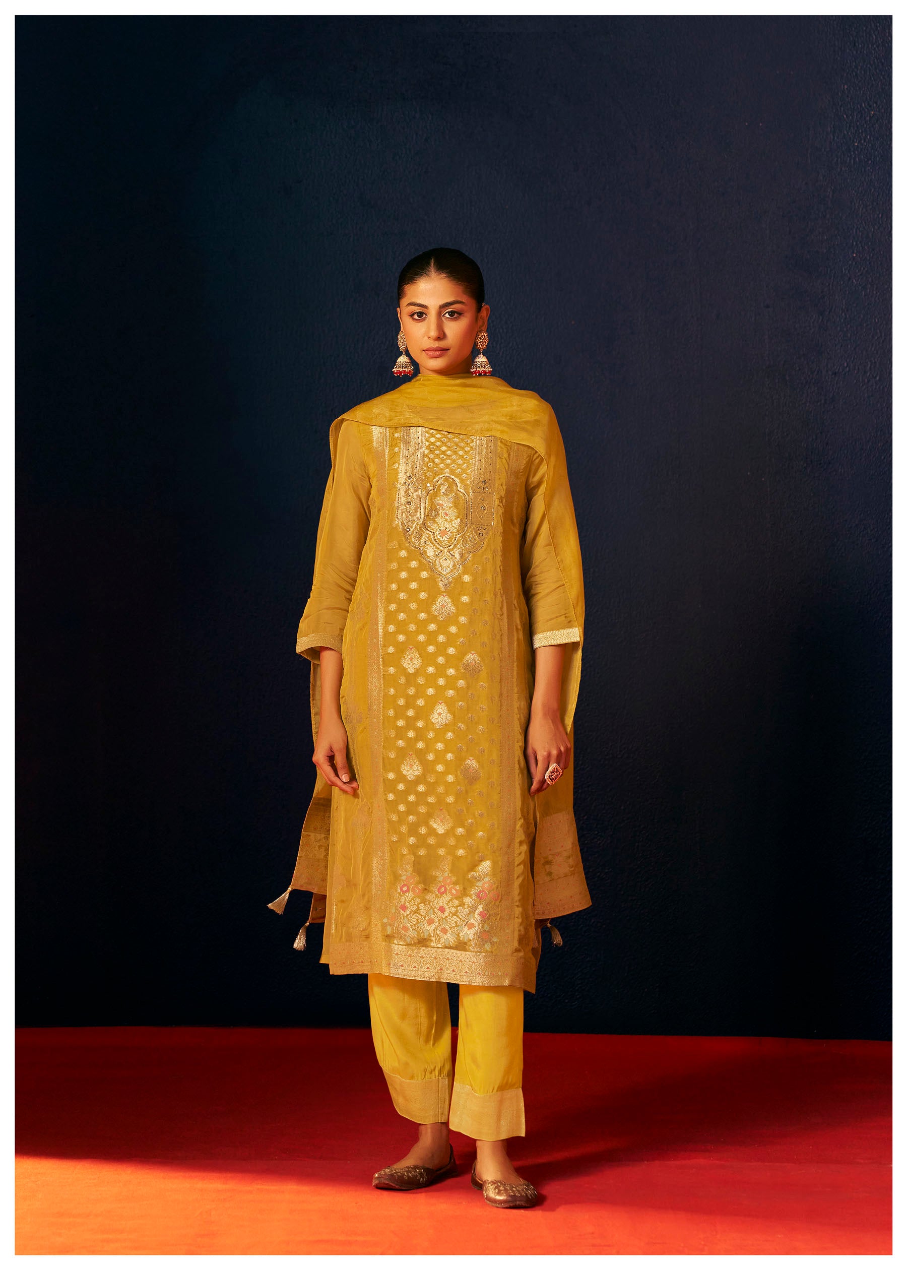 Solmira Mustard Organza Jacquard Kurta Set