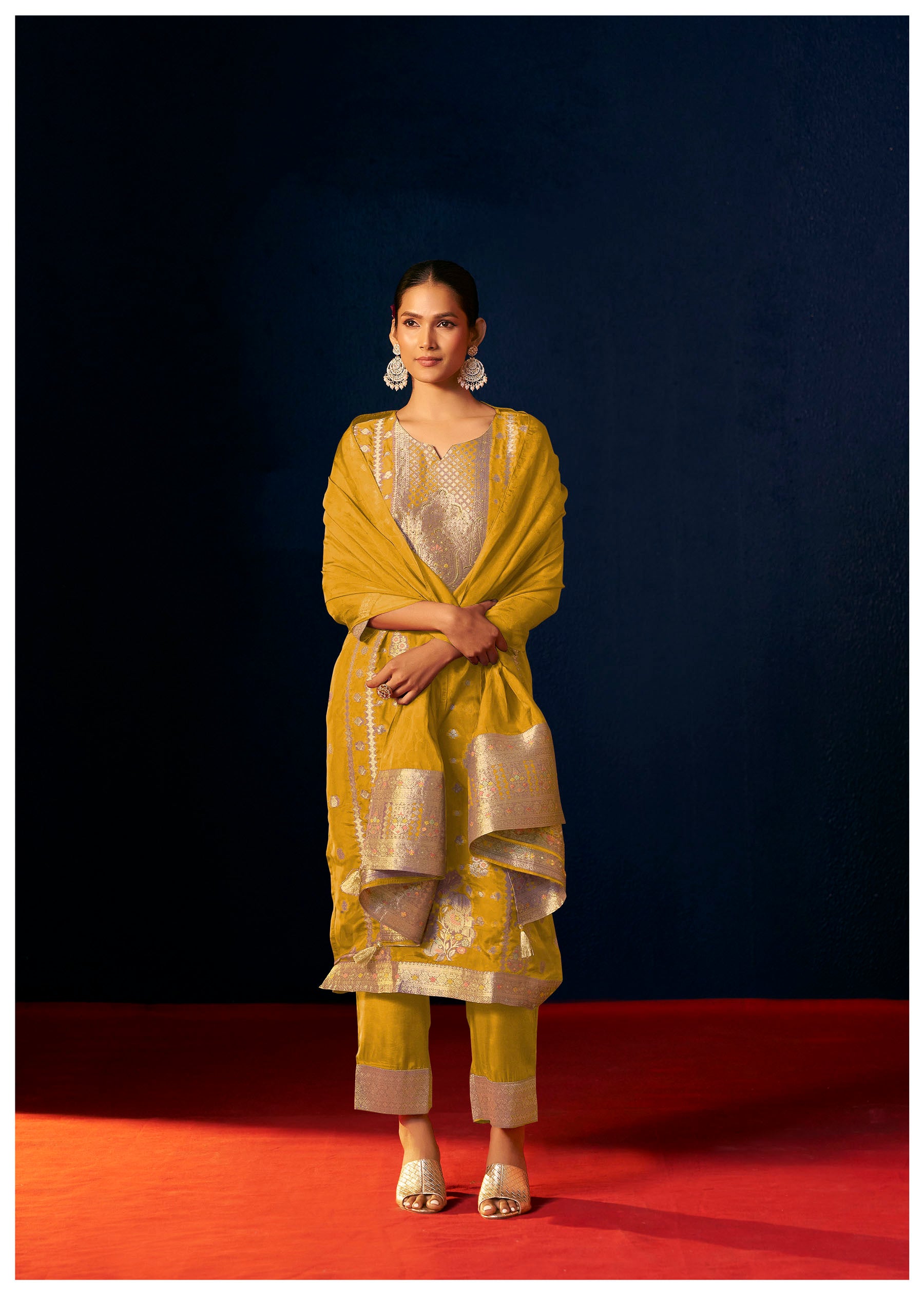 Oriah Mustard Organza Jacquard Kurta Set