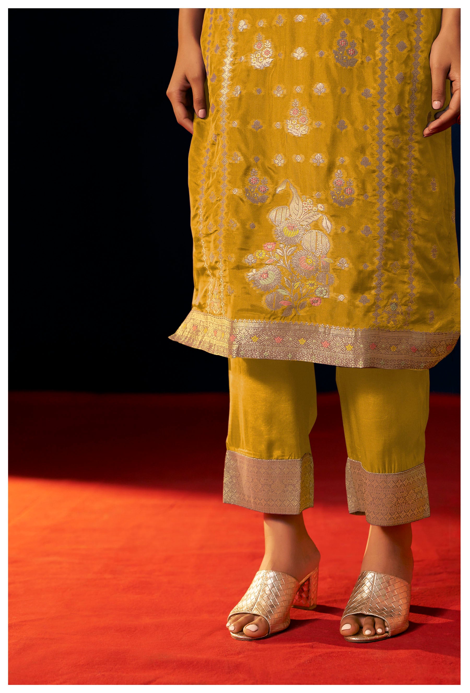 Oriah Mustard Organza Jacquard Kurta Set