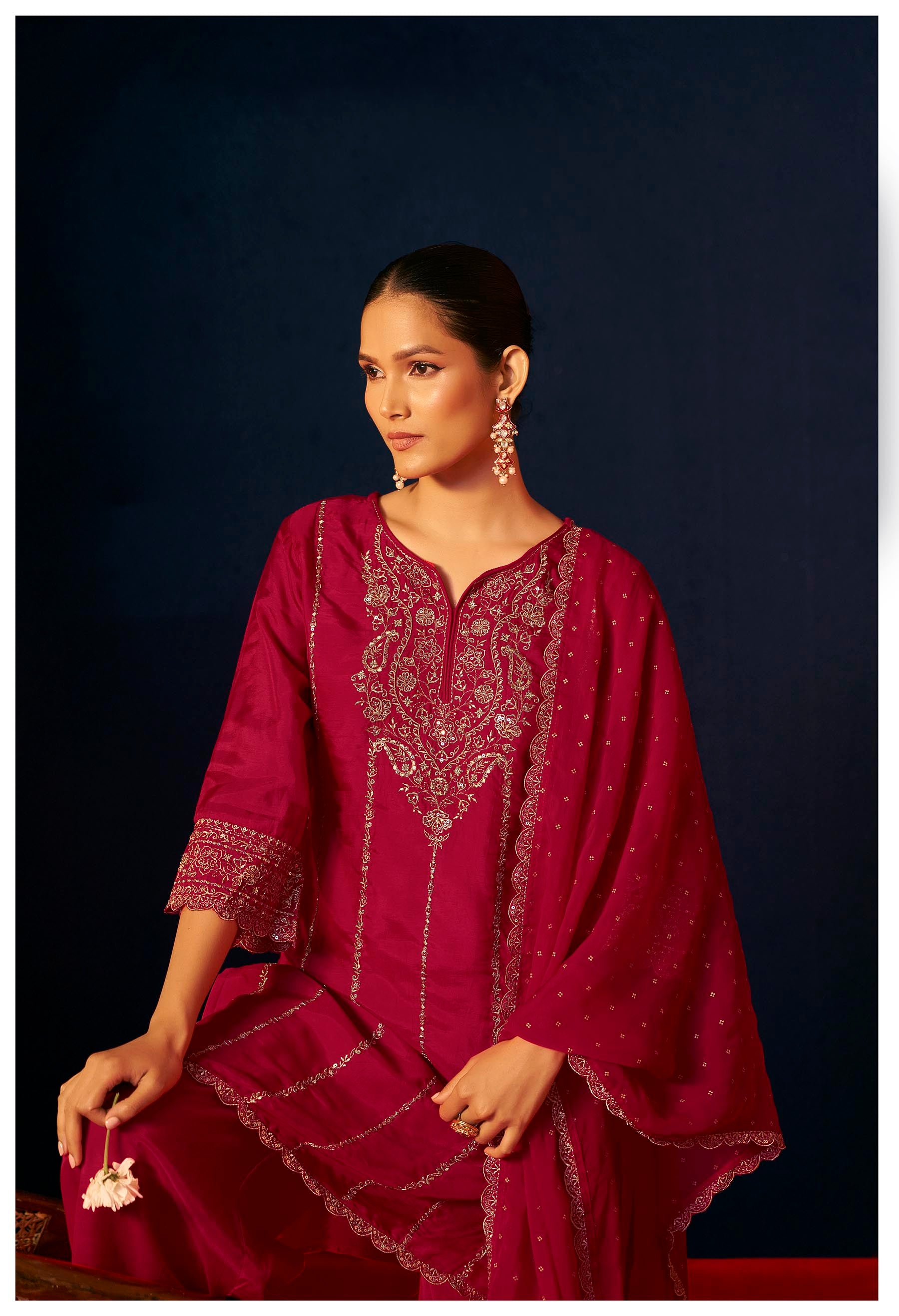 Gulnaar Red Embroidered Kurta Set