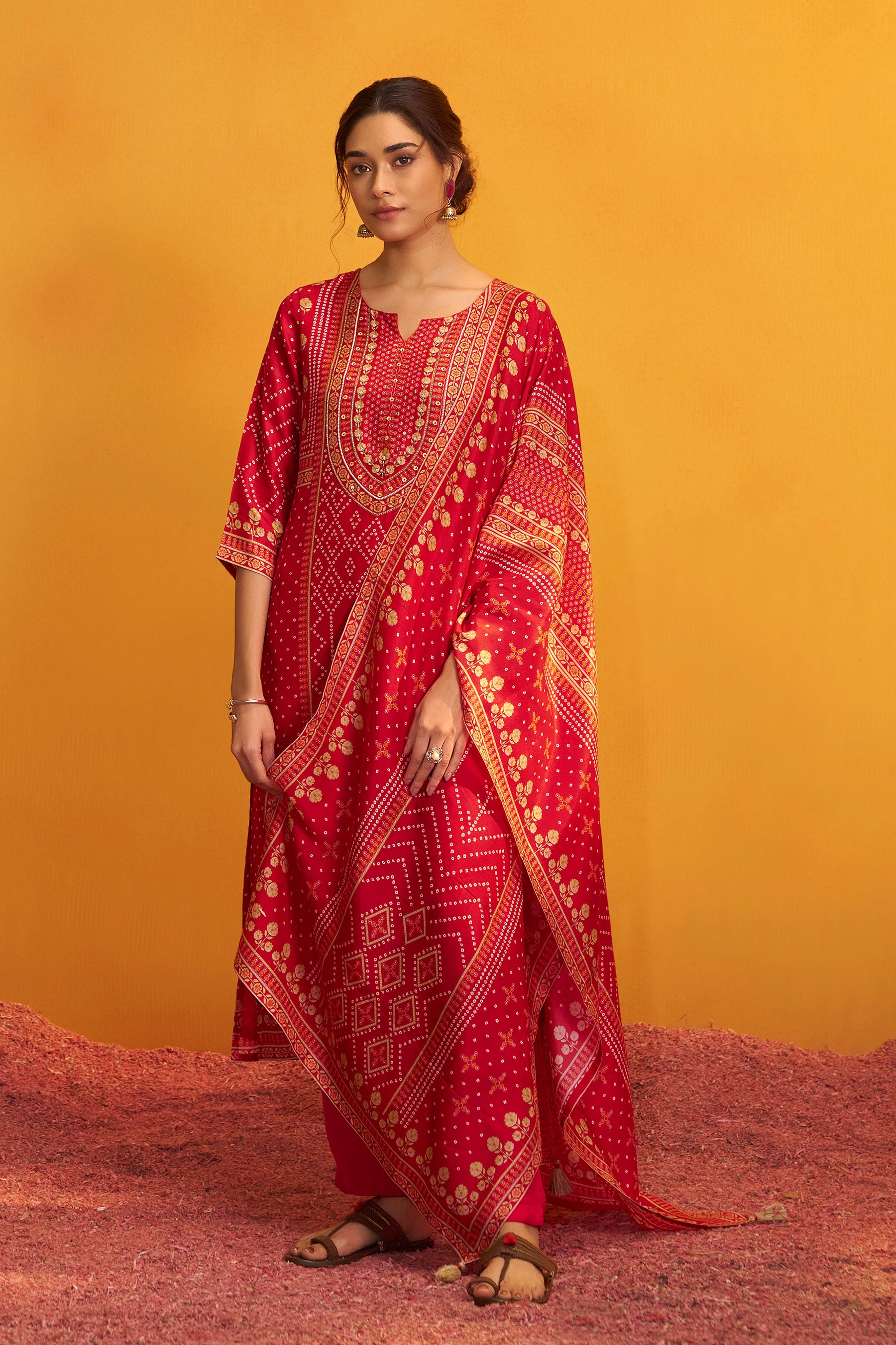 Bandhani Digital Print Kurta Set – Red