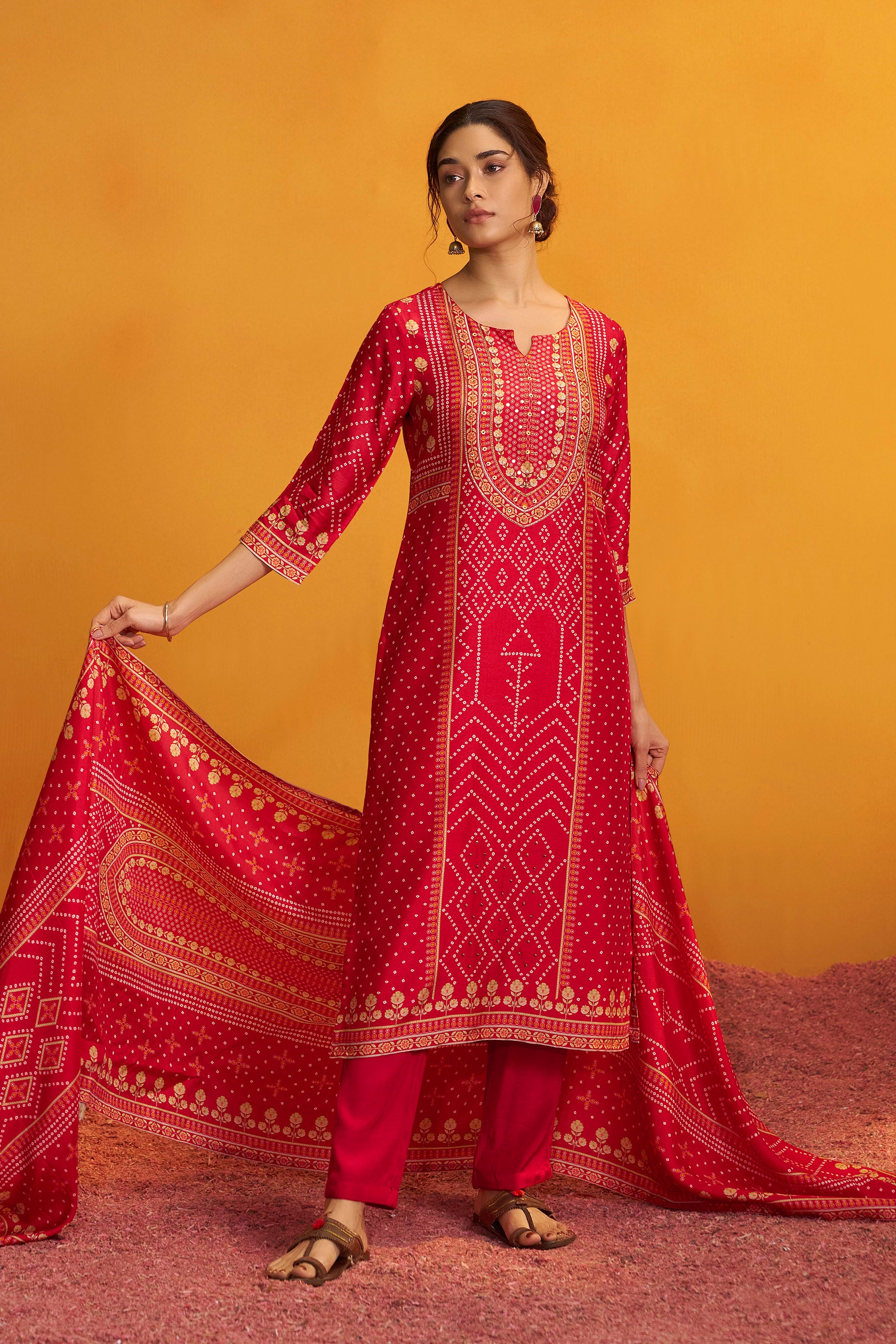 Bandhani Digital Print Kurta Set – Red