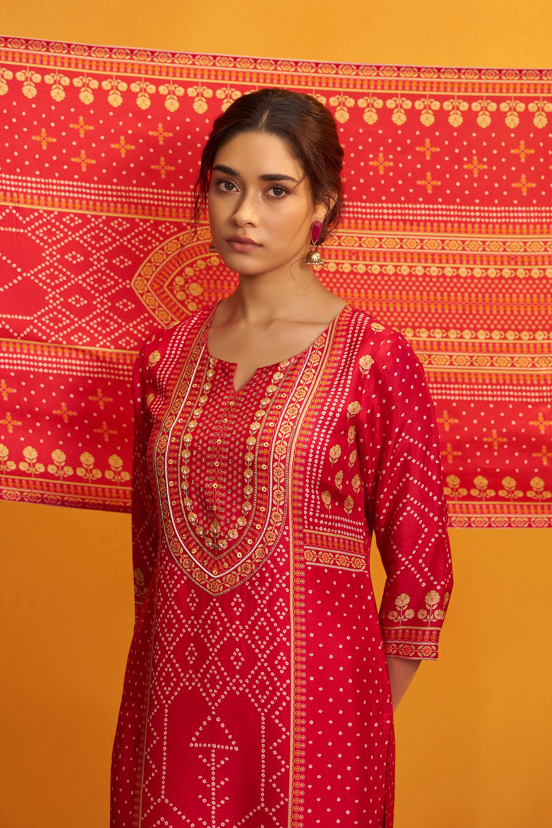 Bandhani Digital Print Kurta Set – Red