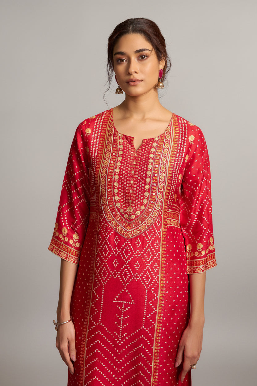 Bandhani Digital Print Kurta Set – Red
