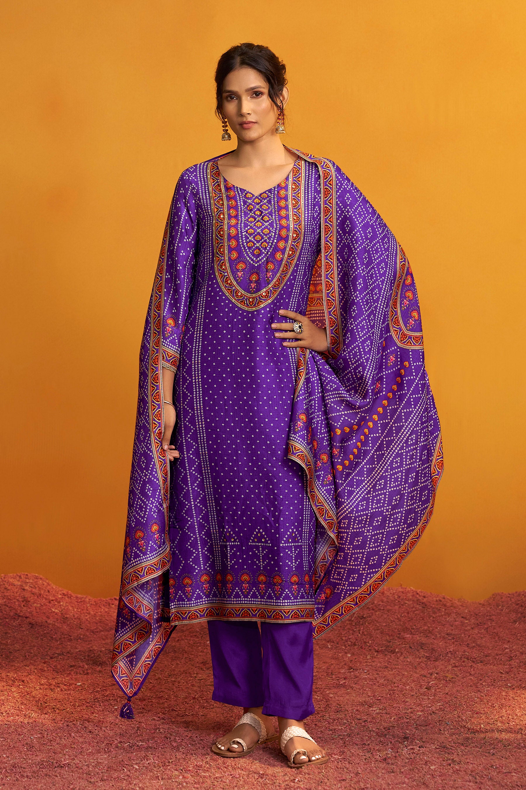 Bandhani Digital Print Kurta Set – Purple