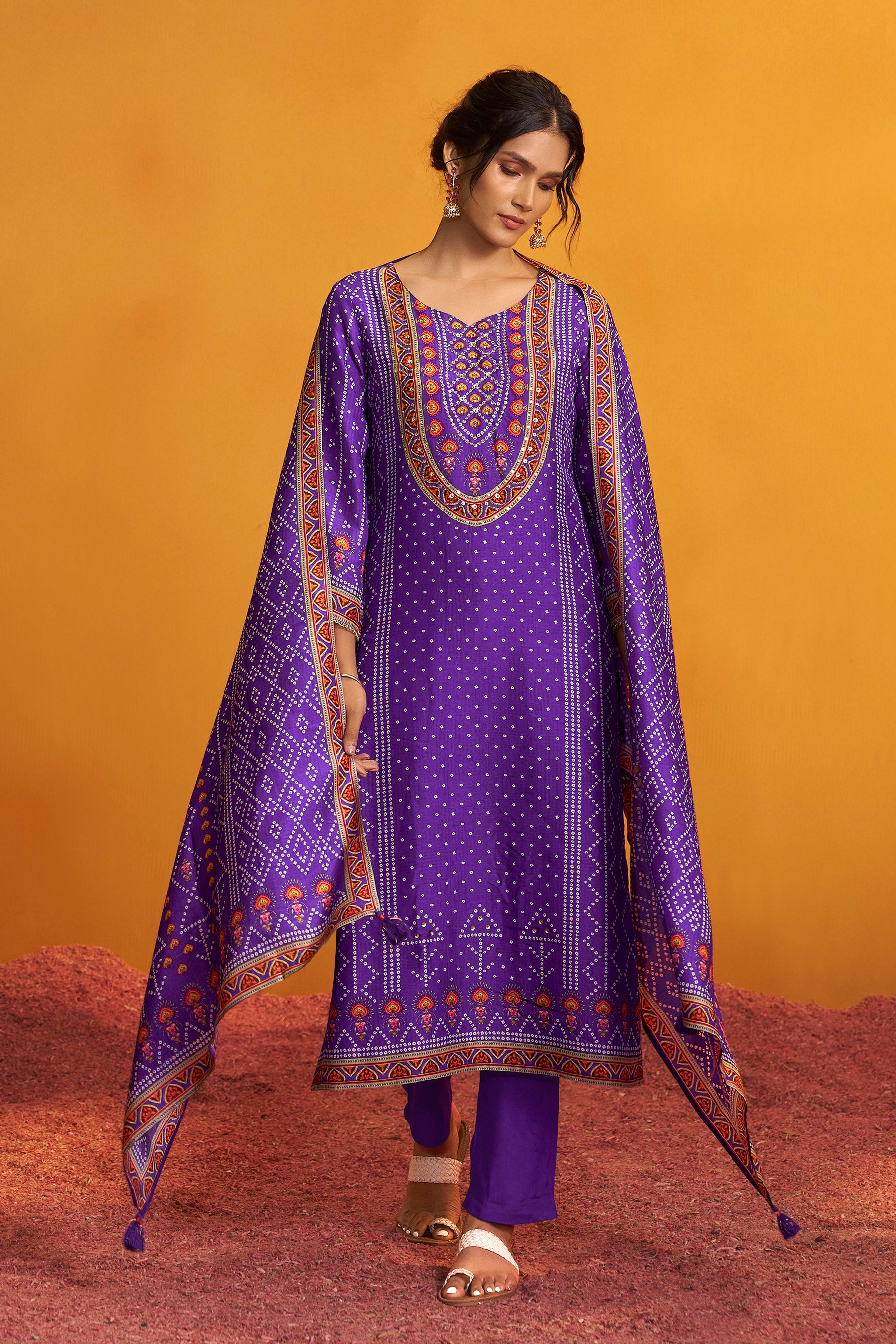 Bandhani Digital Print Kurta Set – Purple